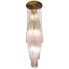 1970s Mazzega Italy White Blown Chandelier Glass Frozen Textured Leaves, Murano