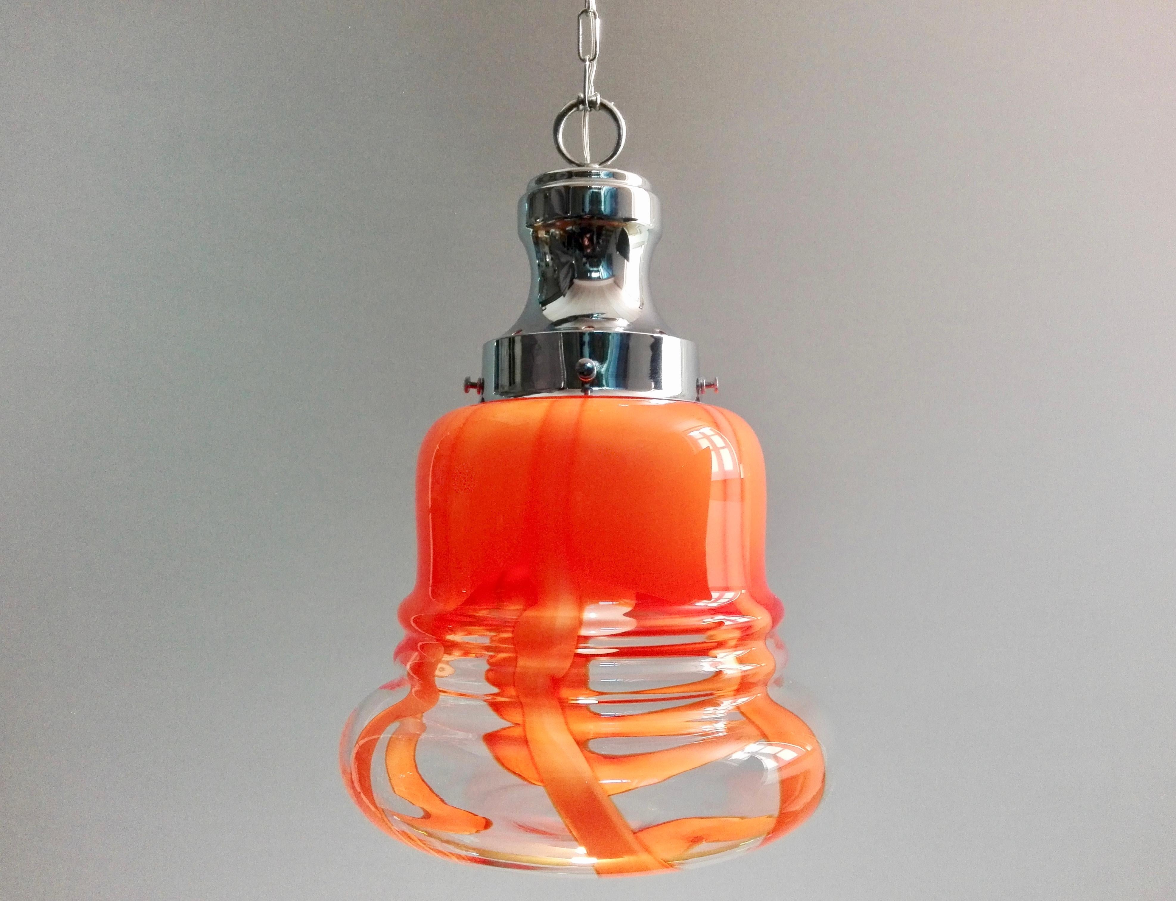 Space Age 1970s Mazzega Murano hand-blown glass and chrome one-light pendant lamp. For Sale