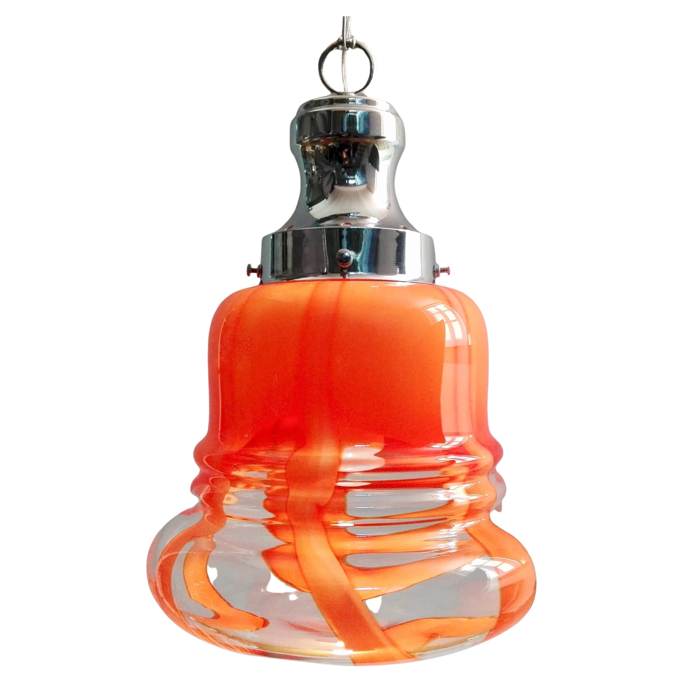 1970s Mazzega Murano hand-blown glass and chrome one-light pendant lamp. For Sale