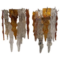 1970s Mazzega Style Mid-Century Modern Brass and Murano Glass Wall Sconces