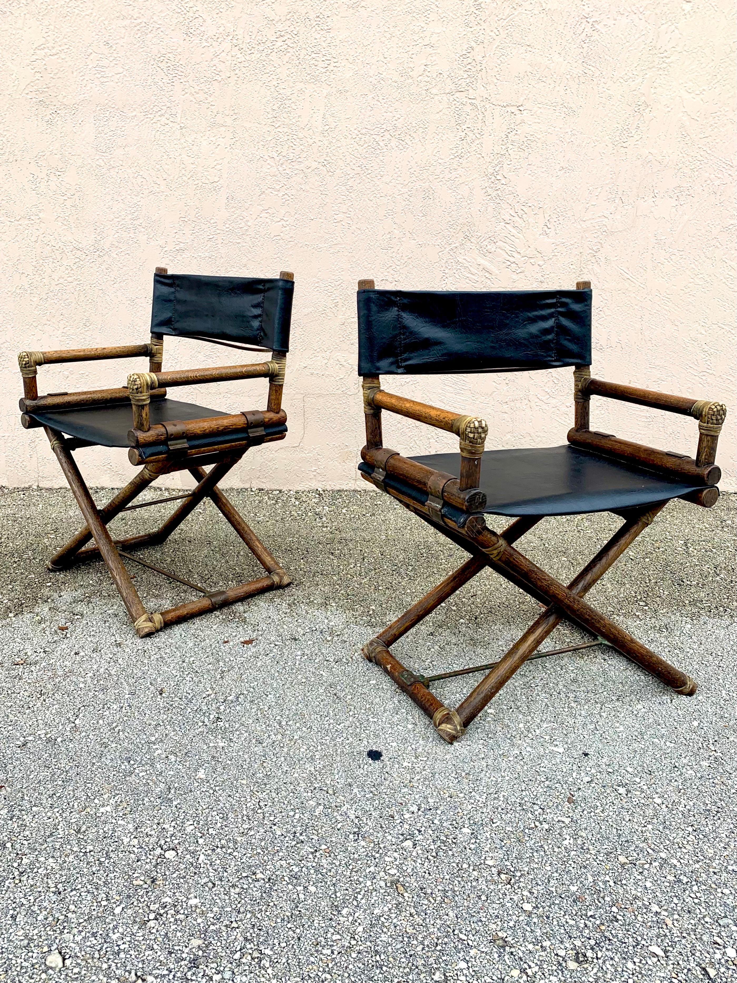 1970s McGuire Director Chairs in Oak and Black Vinyl, a Pair 3