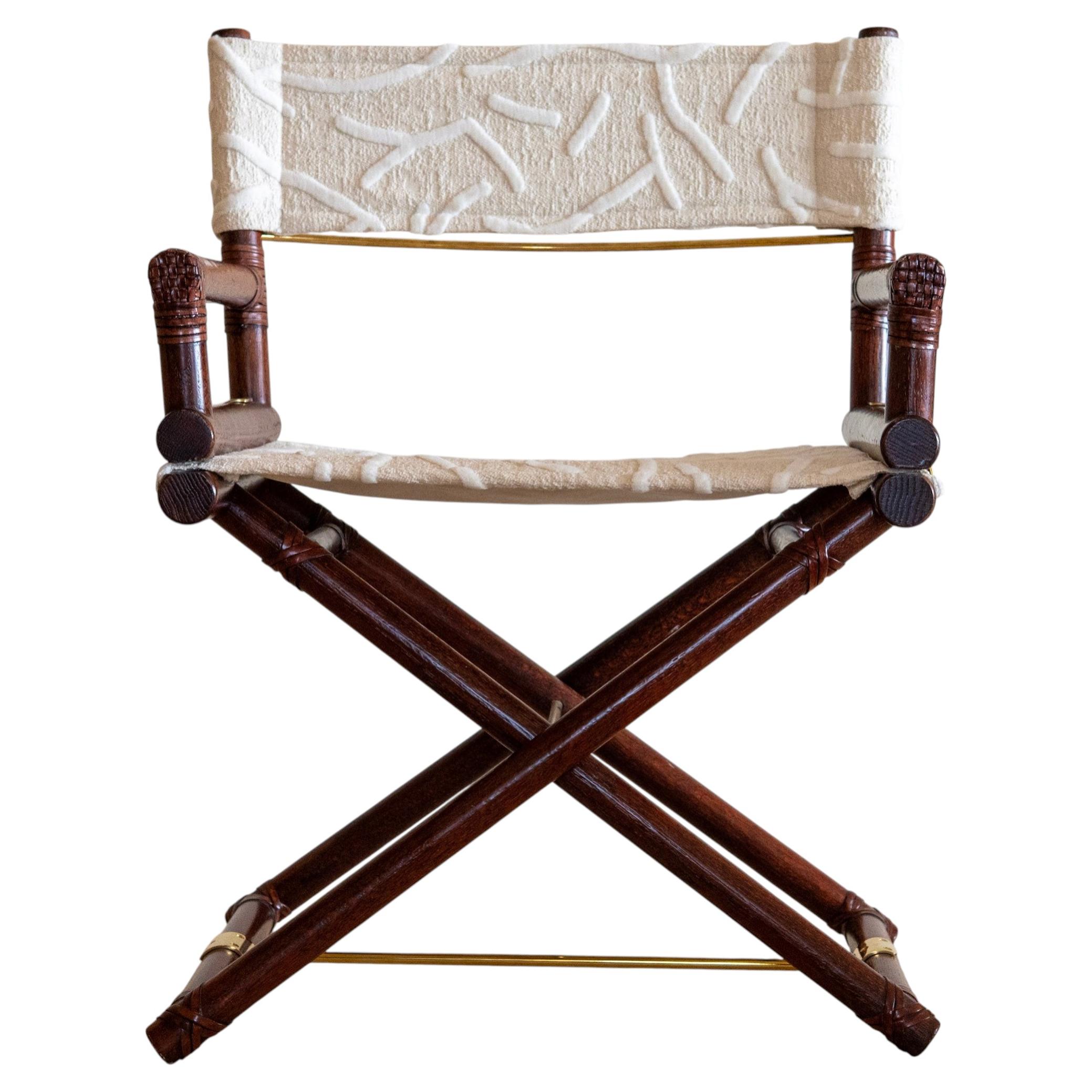 Fauteuil X en rotin et cuir brut des années 1970 de McGuire Furniture Company en vente