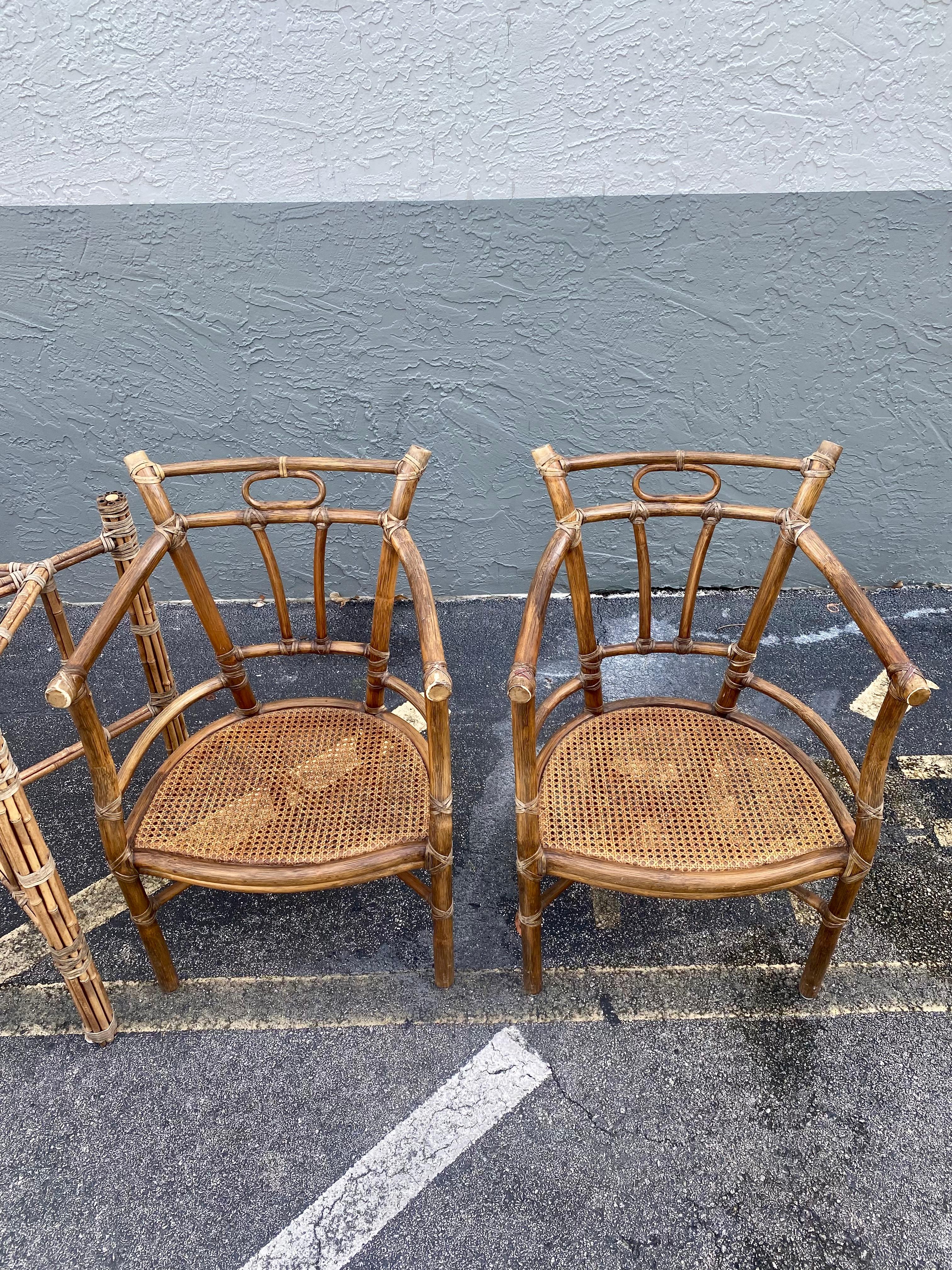 1970s McGuire Rattan Chinoiserie Down Round Glass Dining Set, Set of 5 For Sale 4