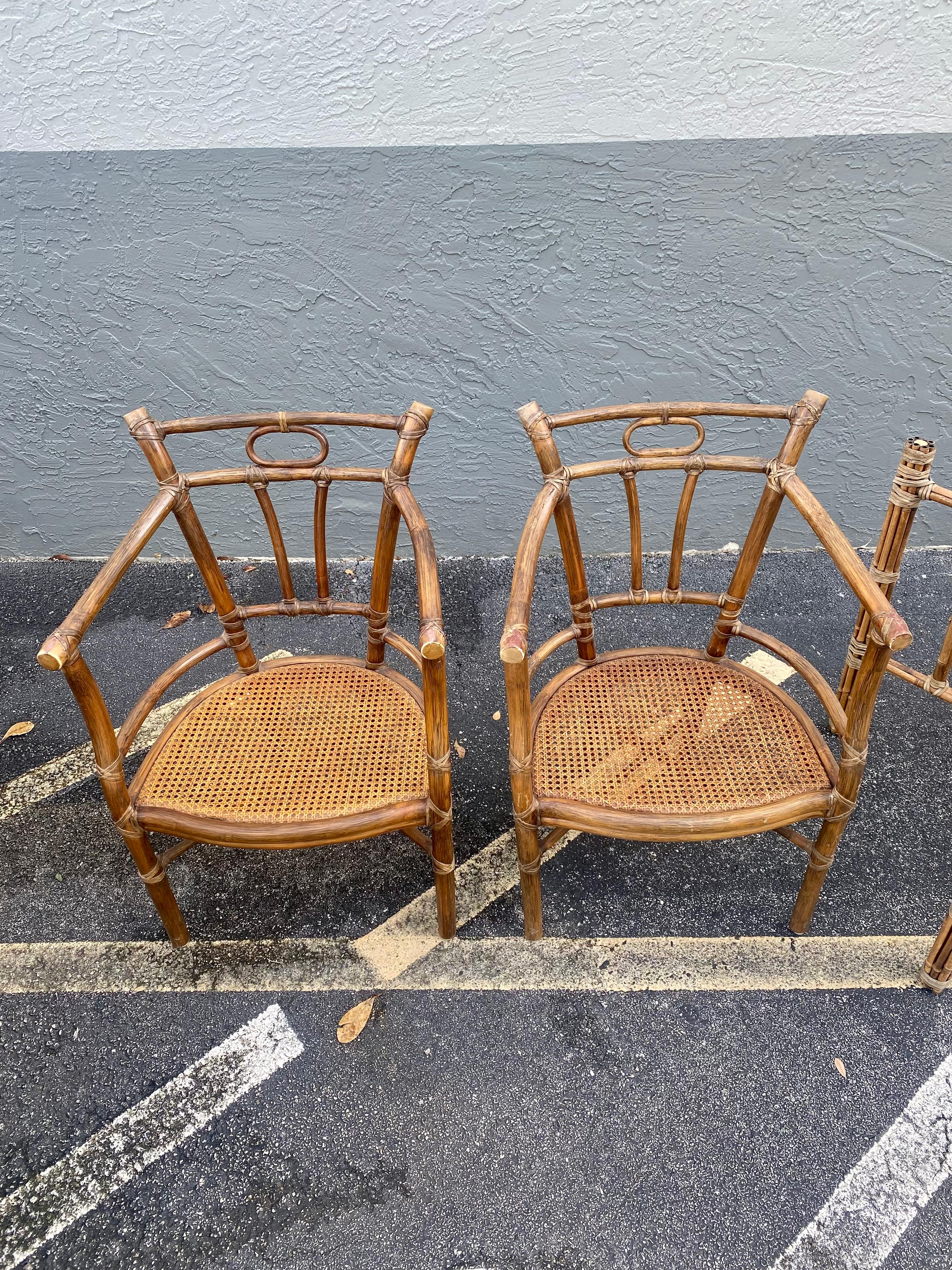 1970s McGuire Rattan Chinoiserie Down Round Glass Dining Set, Set of 5 For Sale 5