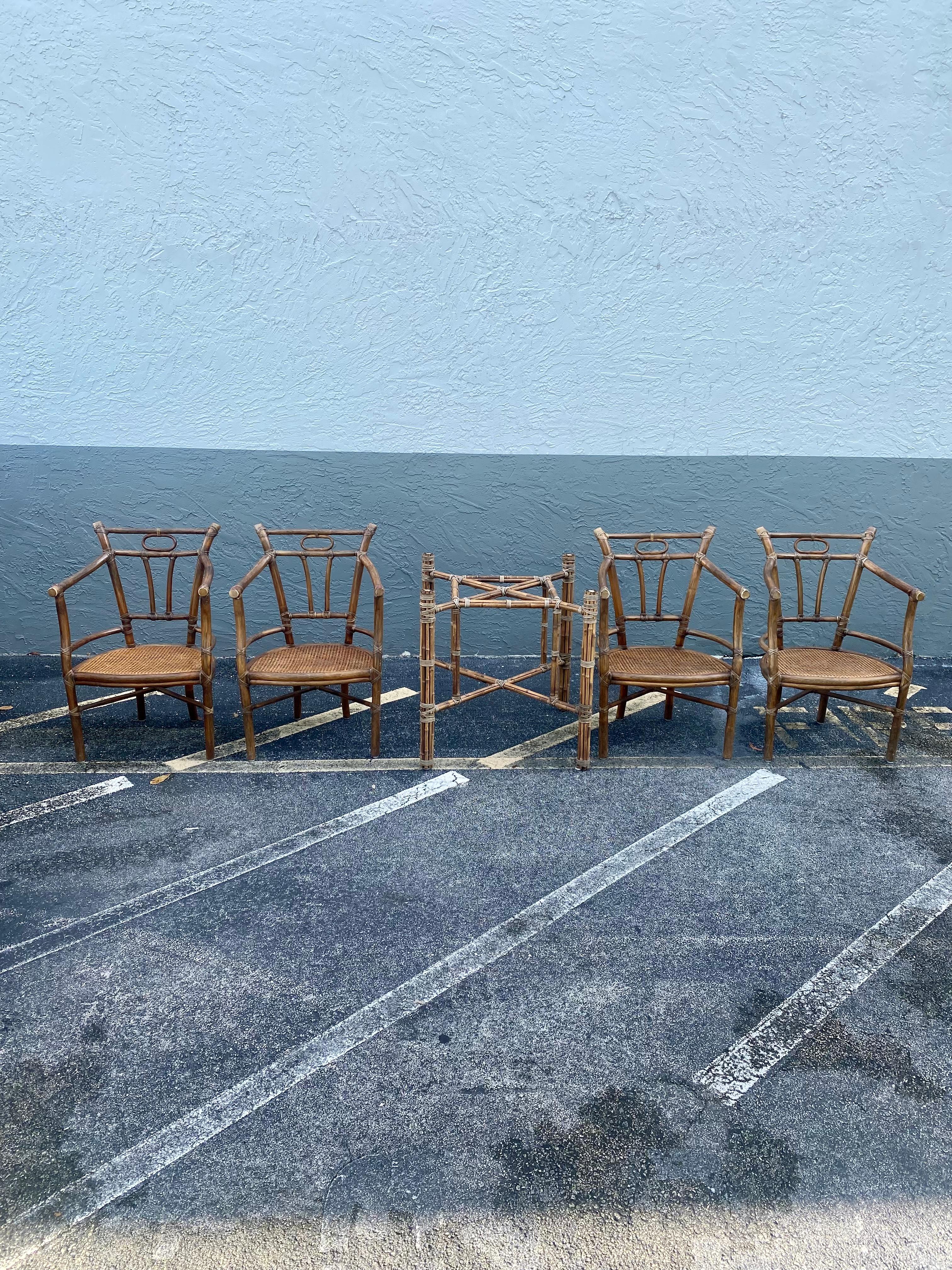 1970s McGuire Rattan Chinoiserie Down Round Glass Dining Set, Set of 5 For Sale 7