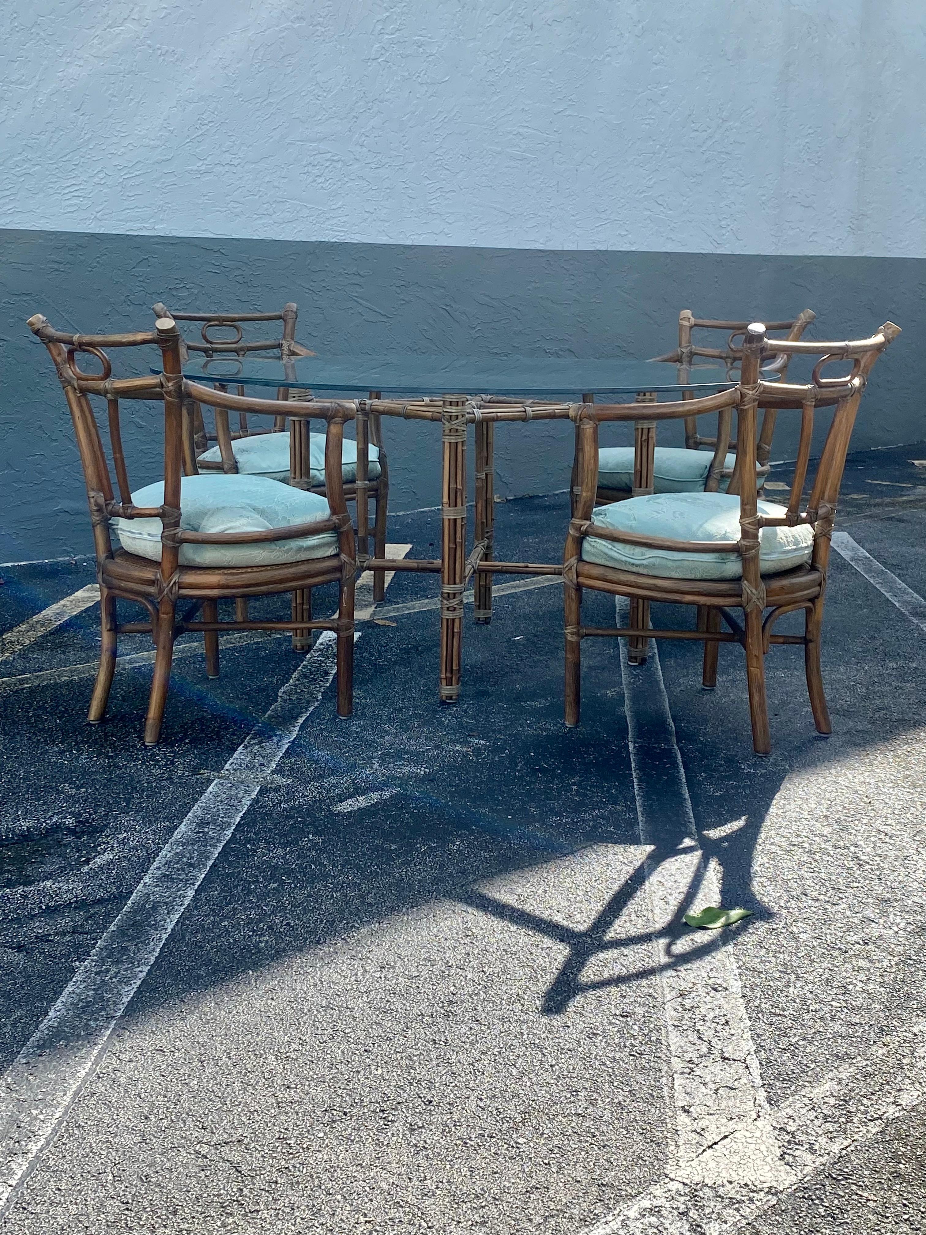 American 1970s McGuire Rattan Chinoiserie Down Round Glass Dining Set, Set of 5 For Sale