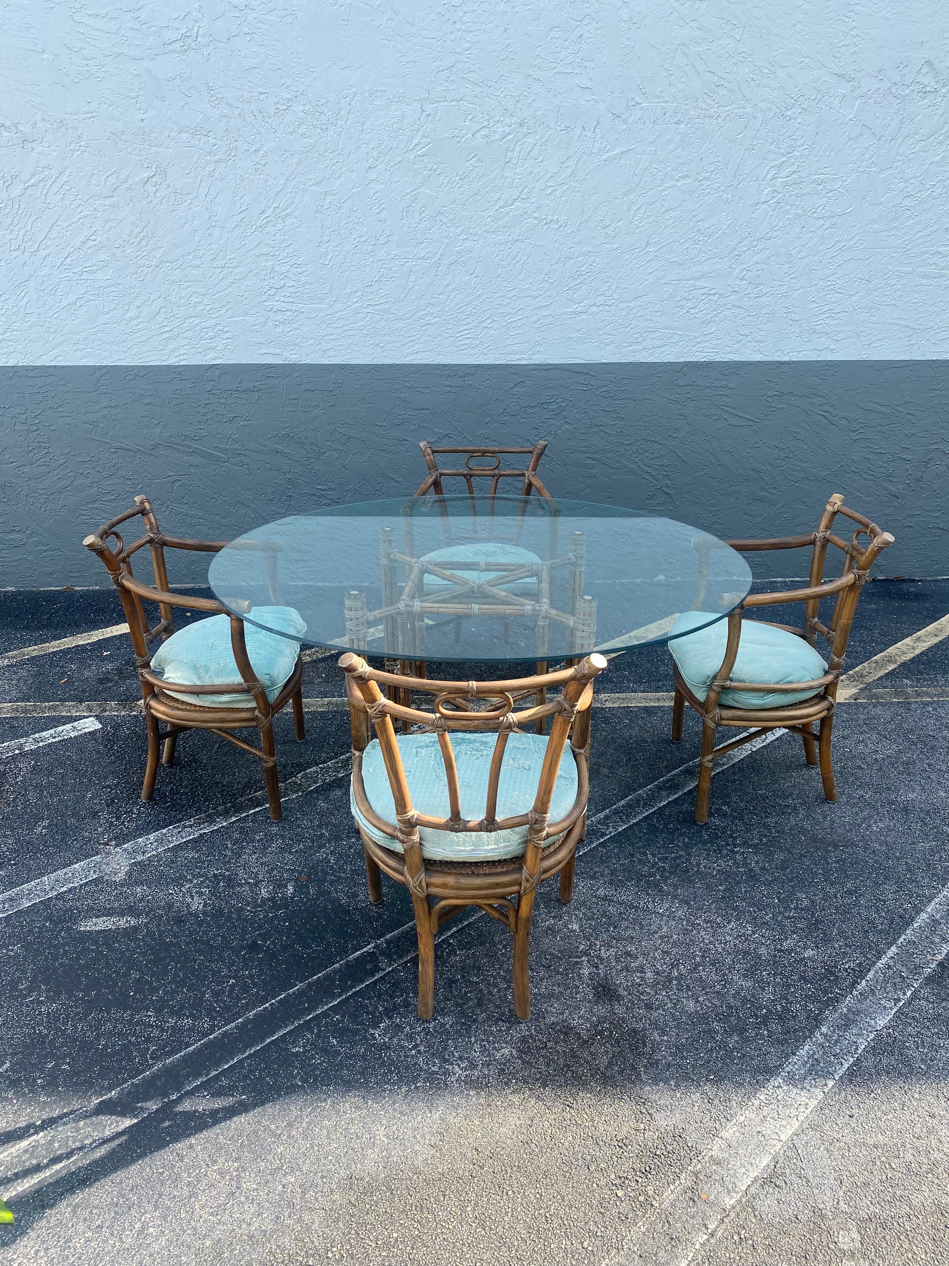 Late 20th Century 1970s McGuire Rattan Chinoiserie Down Round Glass Dining Set, Set of 5 For Sale