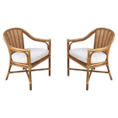 Used 1970s McGuire San Francisco Rattan Cane Back Dining Arm Chairs, a Pair