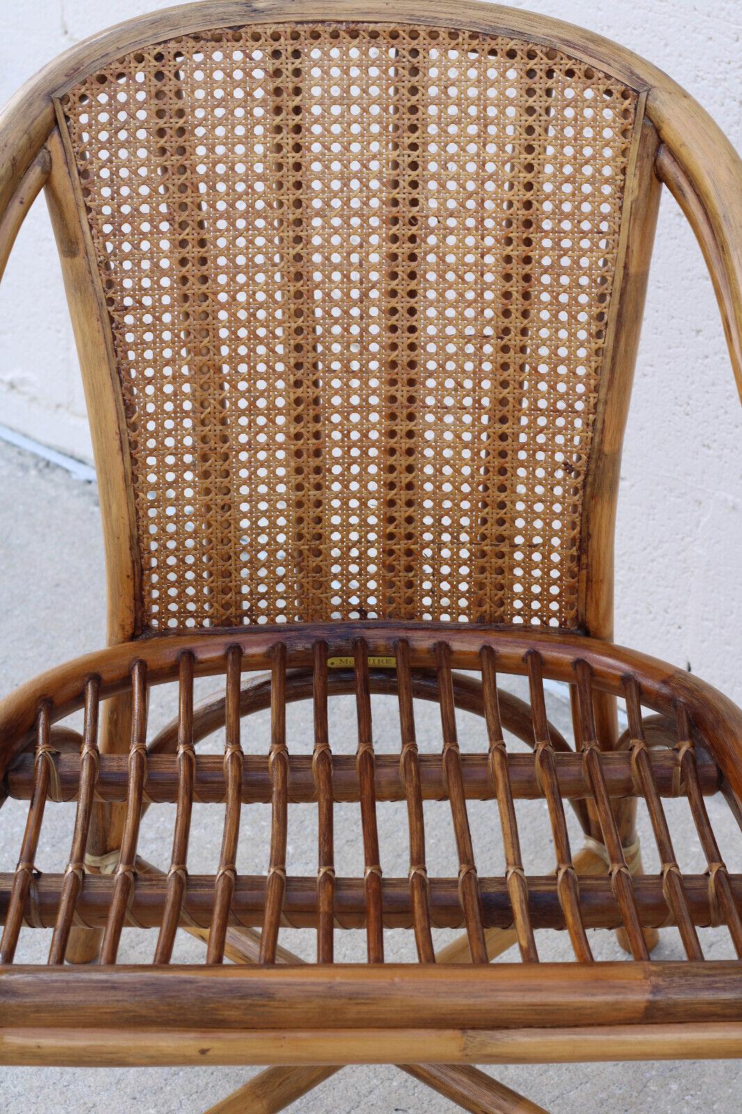 20th Century 1970s McGuire San Francisco Rattan Cane Back Dining Arm Chairs, a Pair For Sale