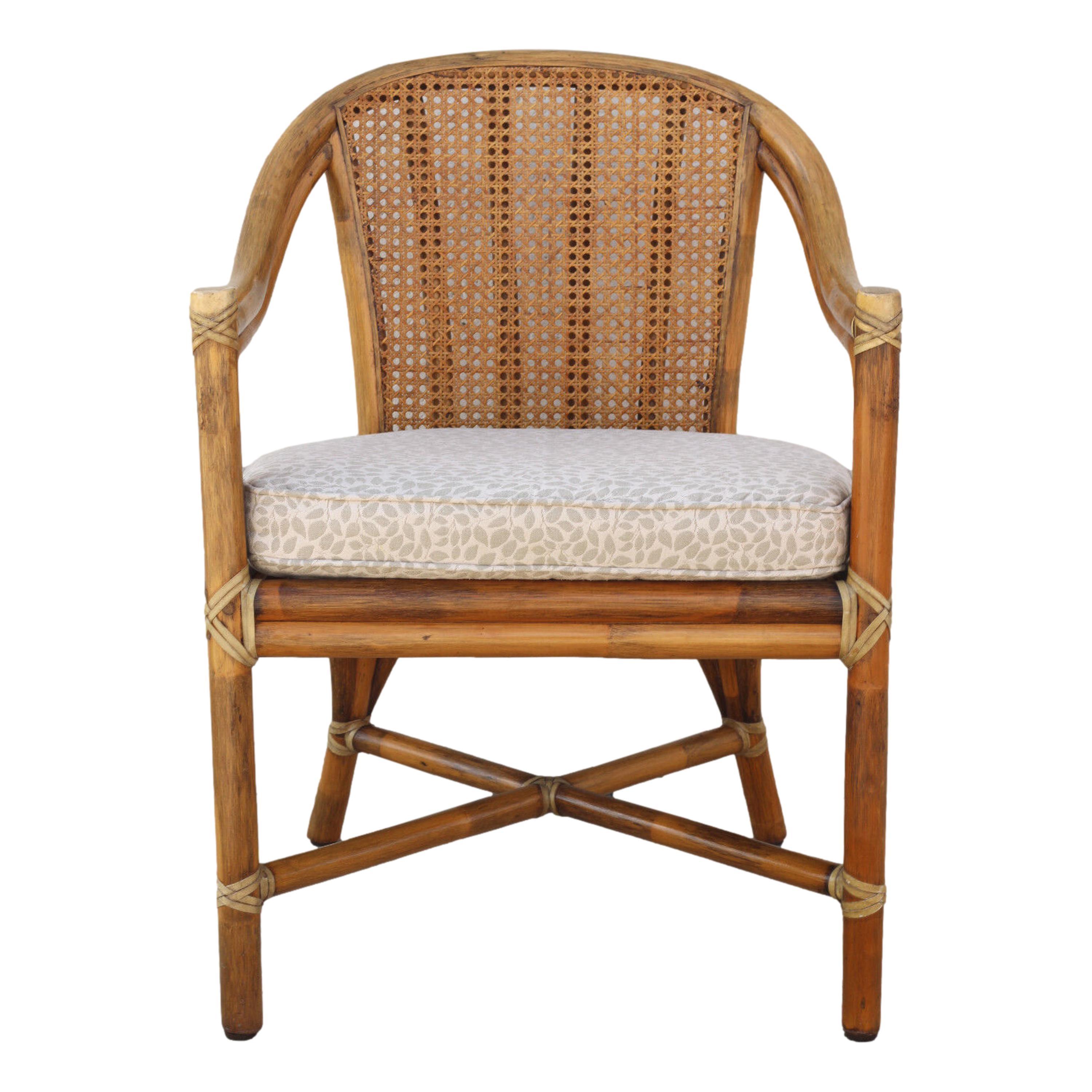 American 1970s McGuire San Francisco Rattan Cane Back Dining Arm Chairs, a Set of Four For Sale