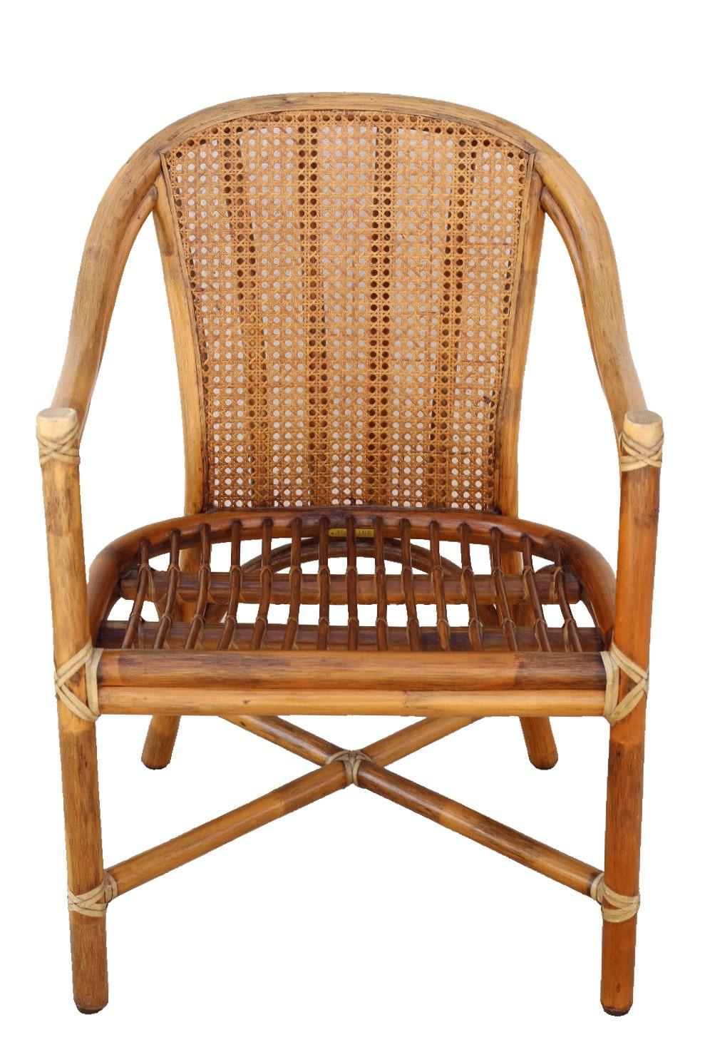 Hand-Crafted 1970s McGuire San Francisco Rattan Cane Back Dining Arm Chairs, a Set of Four For Sale