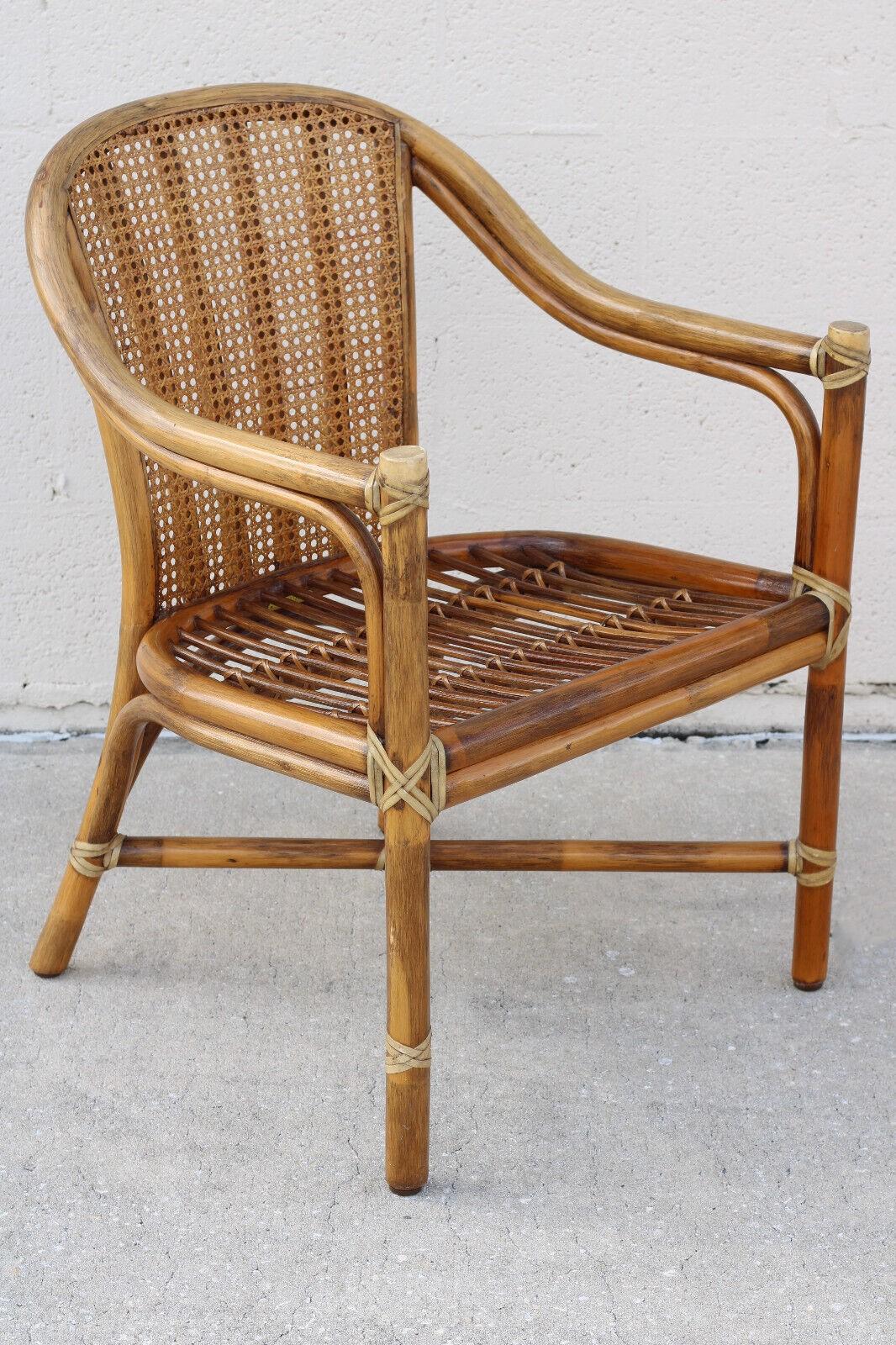 1970s McGuire San Francisco Rattan Cane Back Dining Arm Chairs, a Pair In Good Condition For Sale In Vero Beach, FL