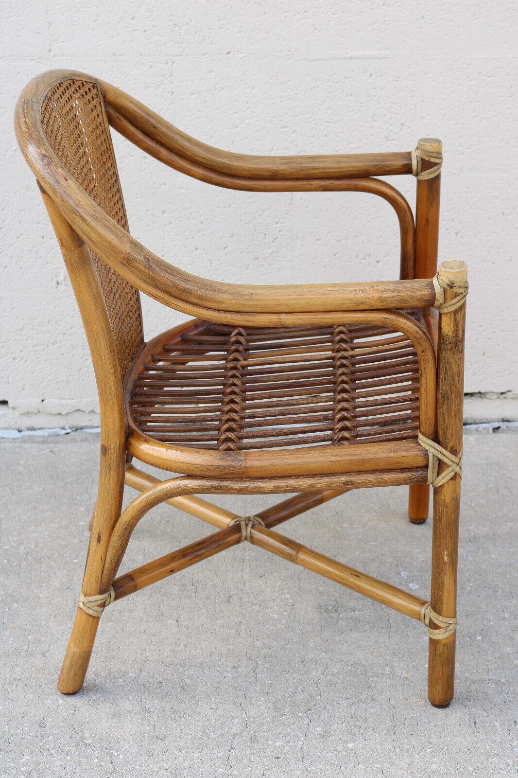 Leather 1970s McGuire San Francisco Rattan Cane Back Dining Arm Chairs, a Pair For Sale