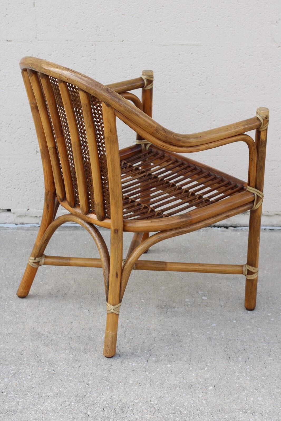 1970s McGuire San Francisco Rattan Cane Back Dining Arm Chairs, a Pair For Sale 2
