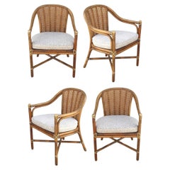 Retro 1970s McGuire San Francisco Rattan Cane Back Dining Arm Chairs, a Set of Four