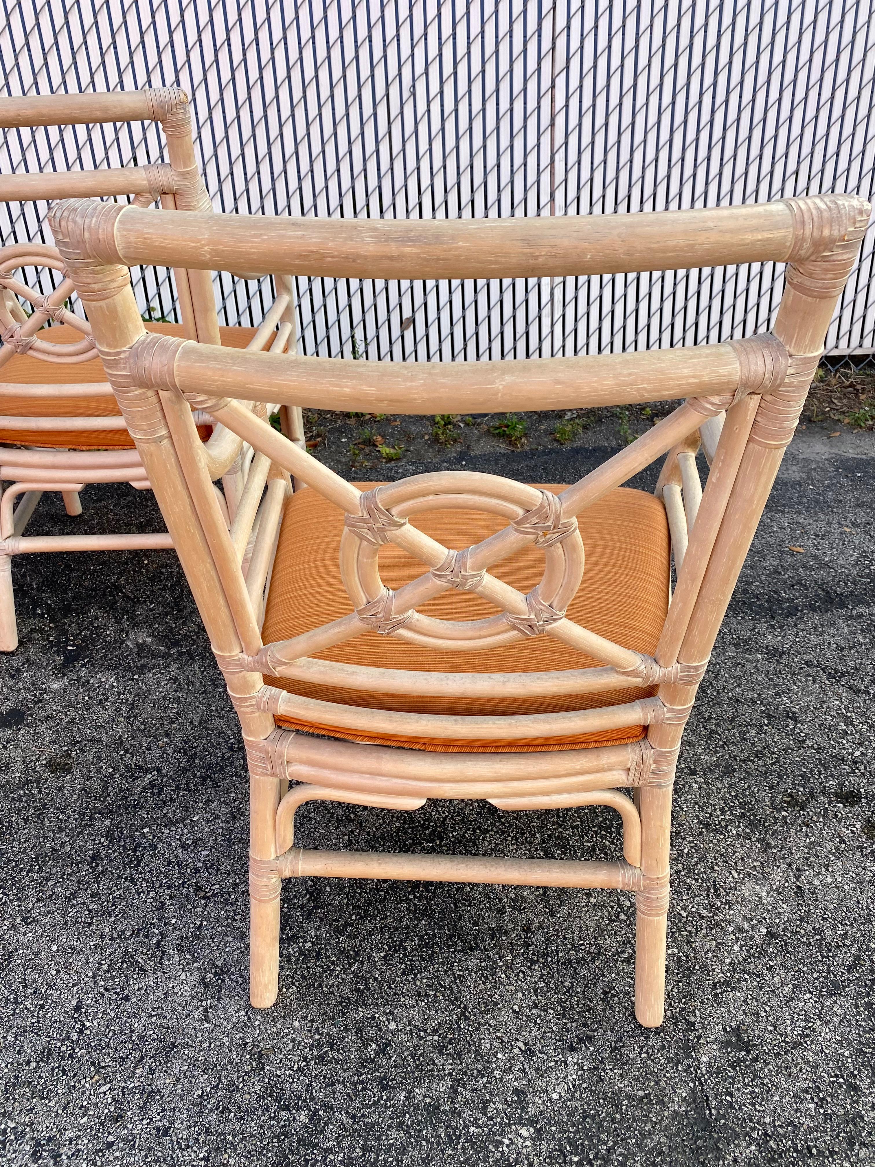 1970s, McGuire Target Style Rattan Dining Side Armchairs, Set of 4 For Sale 4