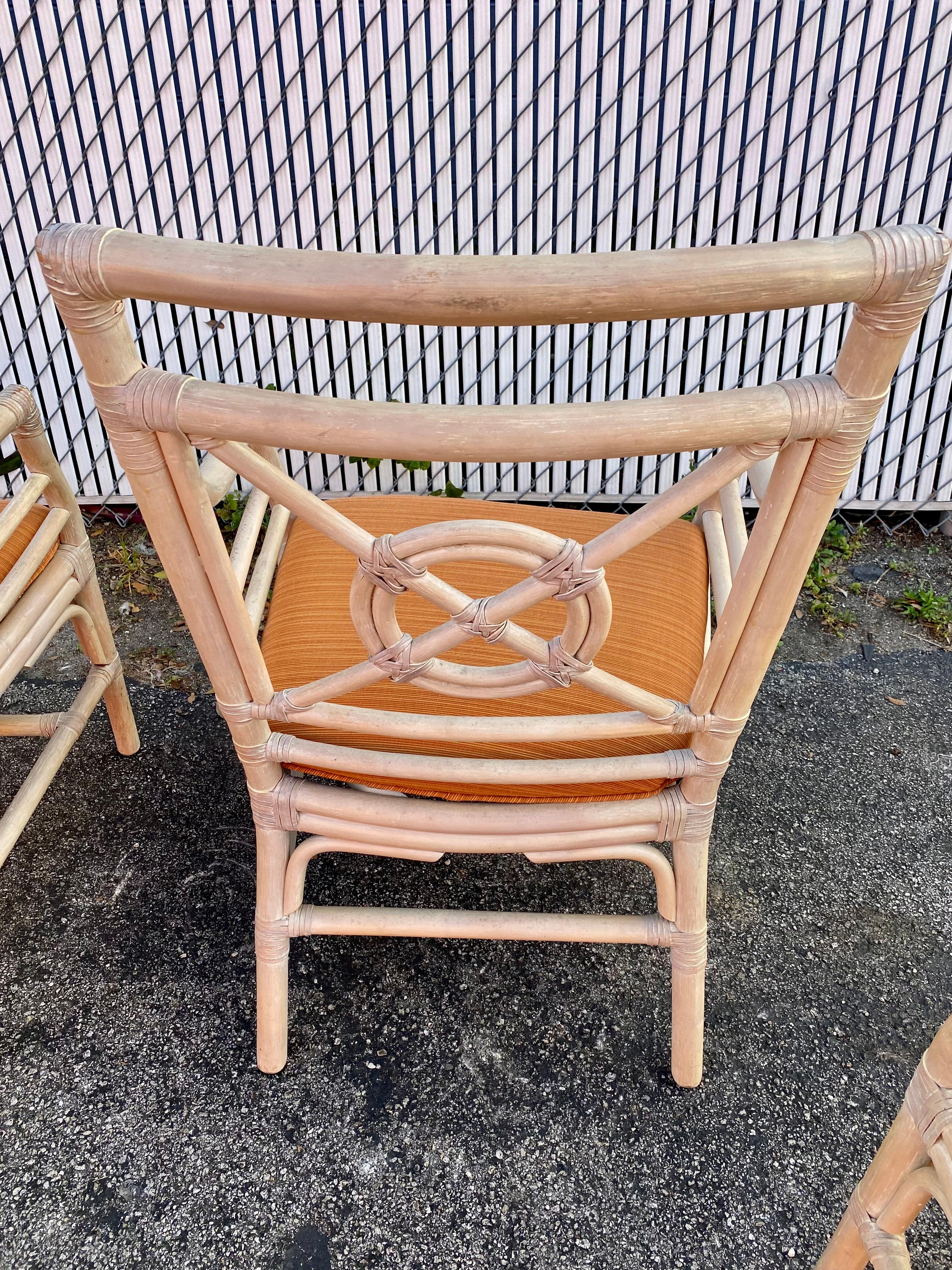 1970s, McGuire Target Style Rattan Dining Side Armchairs, Set of 4 For Sale 5