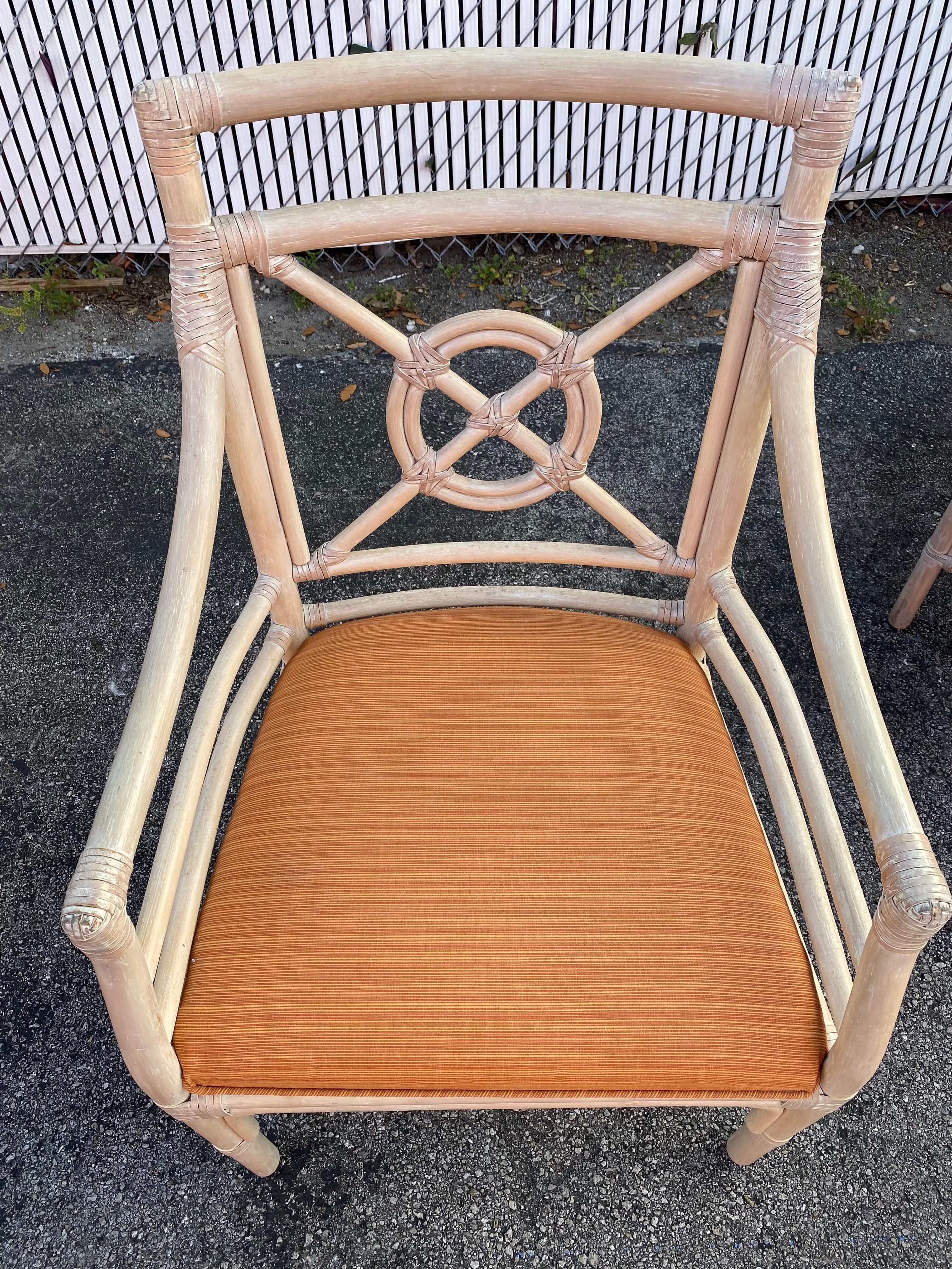 1970s, McGuire Target Style Rattan Dining Side Armchairs, Set of 4 For Sale 6