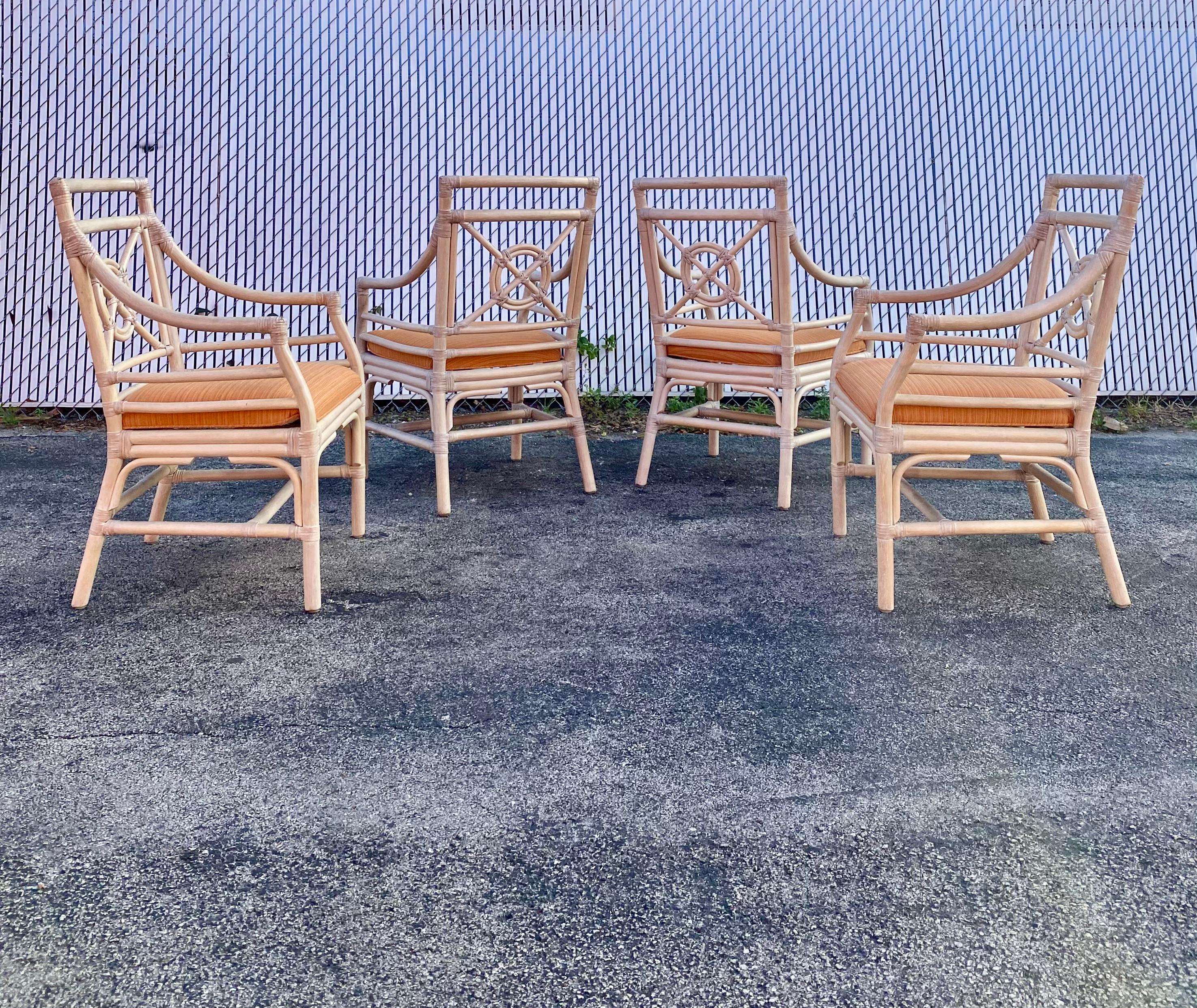 1970s, McGuire Target Style Rattan Dining Side Armchairs, Set of 4 For Sale 7