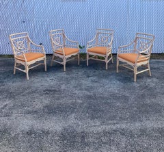 1970s, McGuire Target Style Rattan Dining Side Armchairs, Set of 4