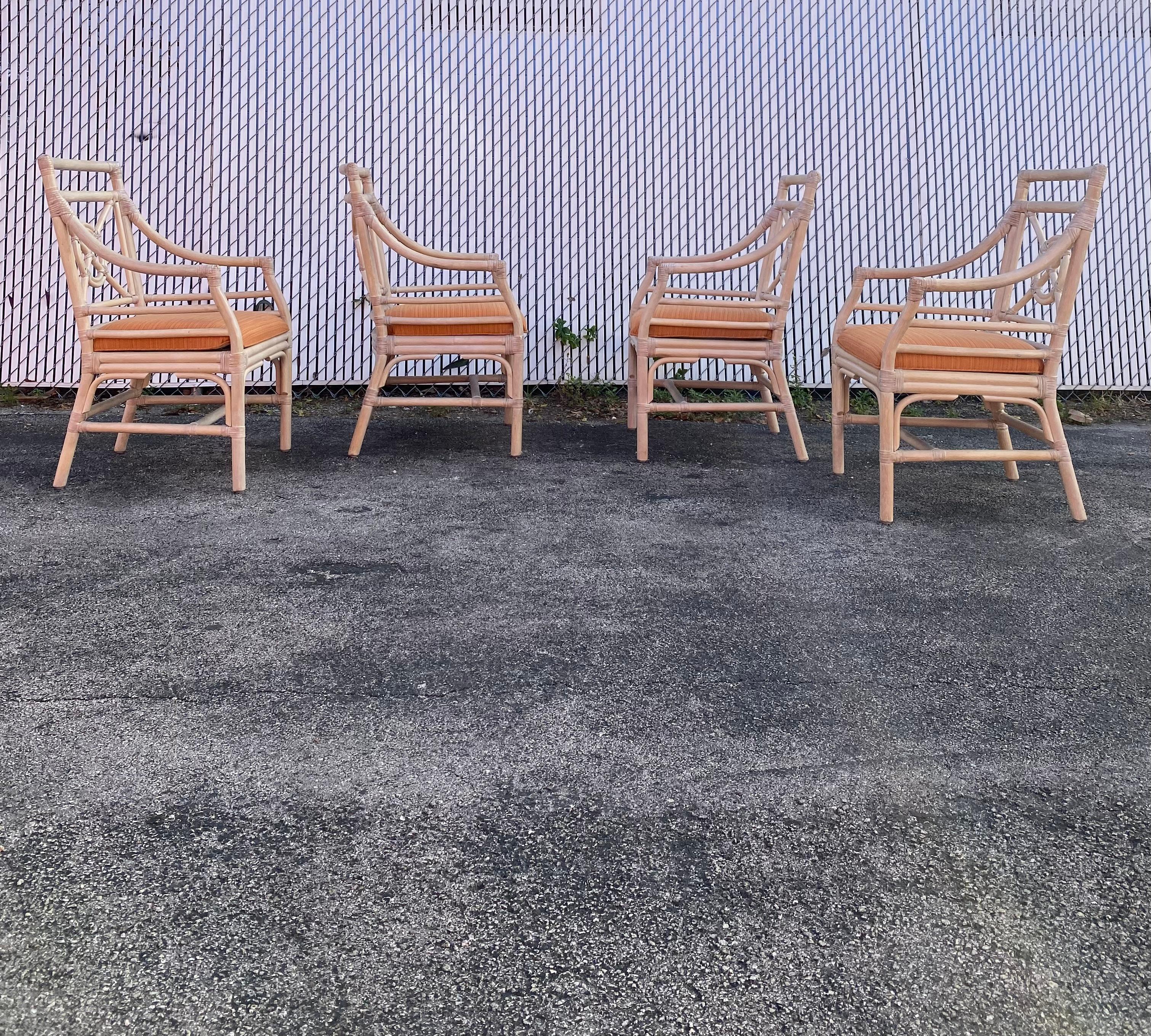 Organic Modern 1970s, McGuire Target Style Rattan Dining Side Armchairs, Set of 4 For Sale