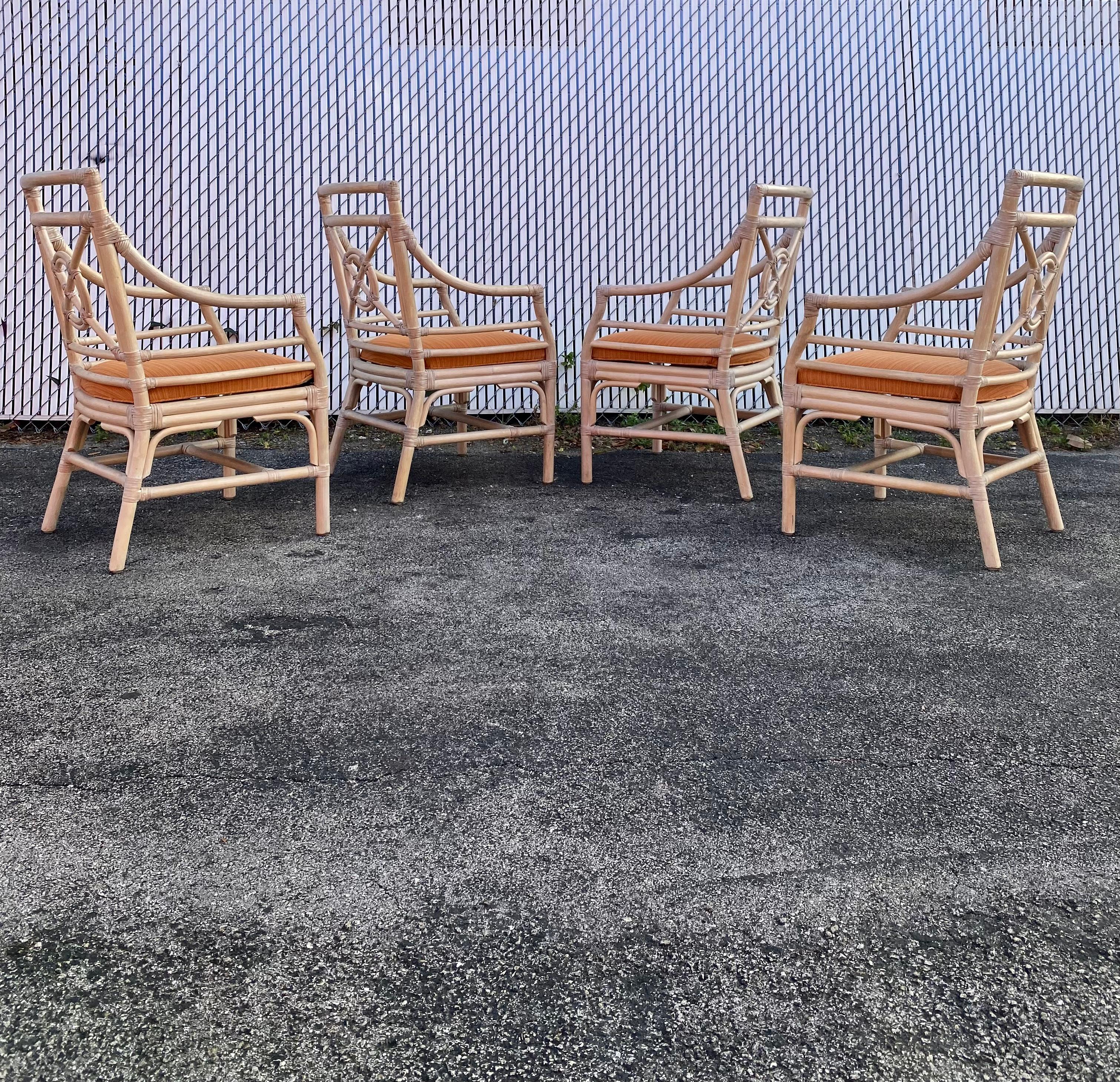 Philippine 1970s, McGuire Target Style Rattan Dining Side Armchairs, Set of 4 For Sale