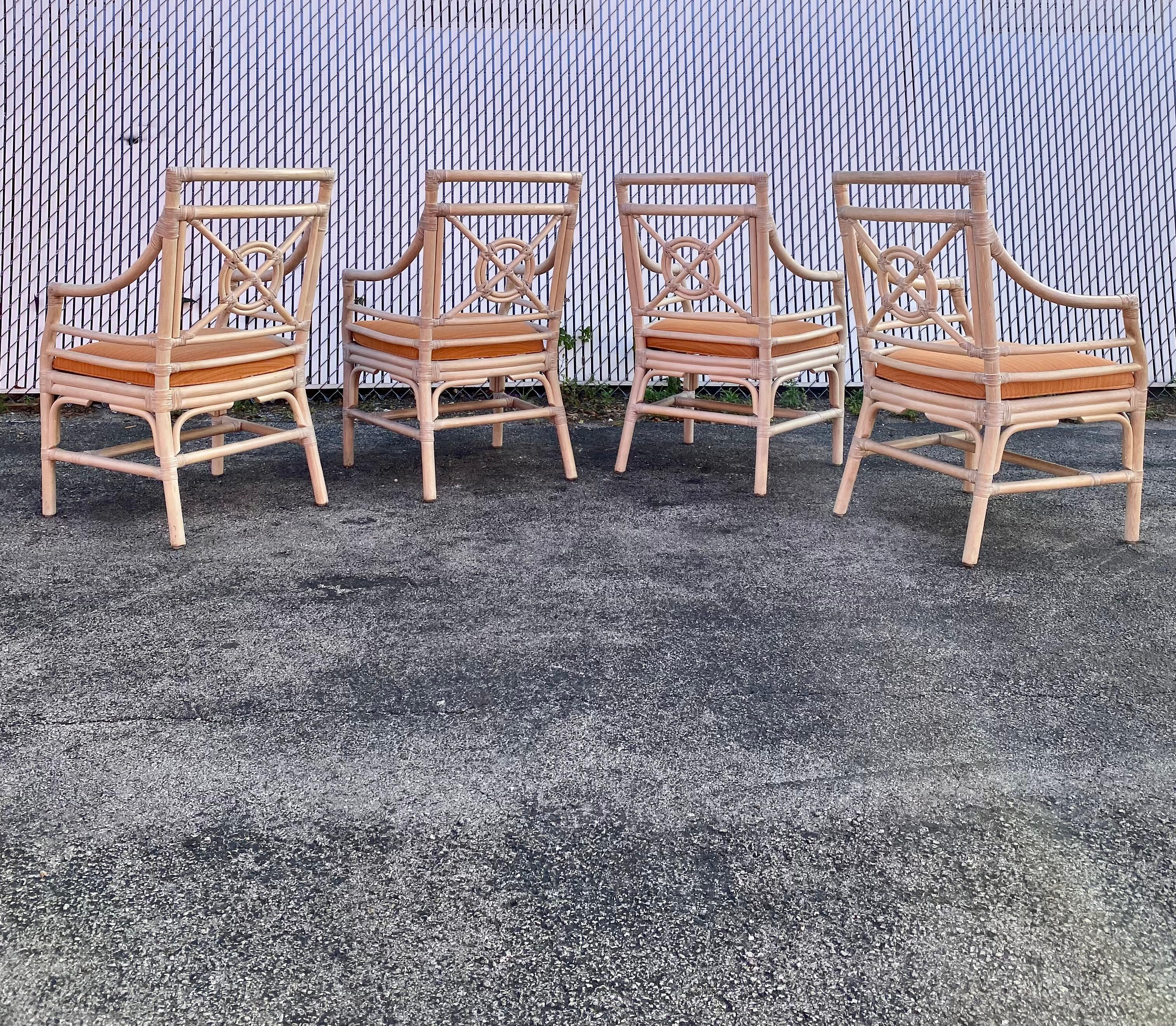 Late 20th Century 1970s, McGuire Target Style Rattan Dining Side Armchairs, Set of 4 For Sale