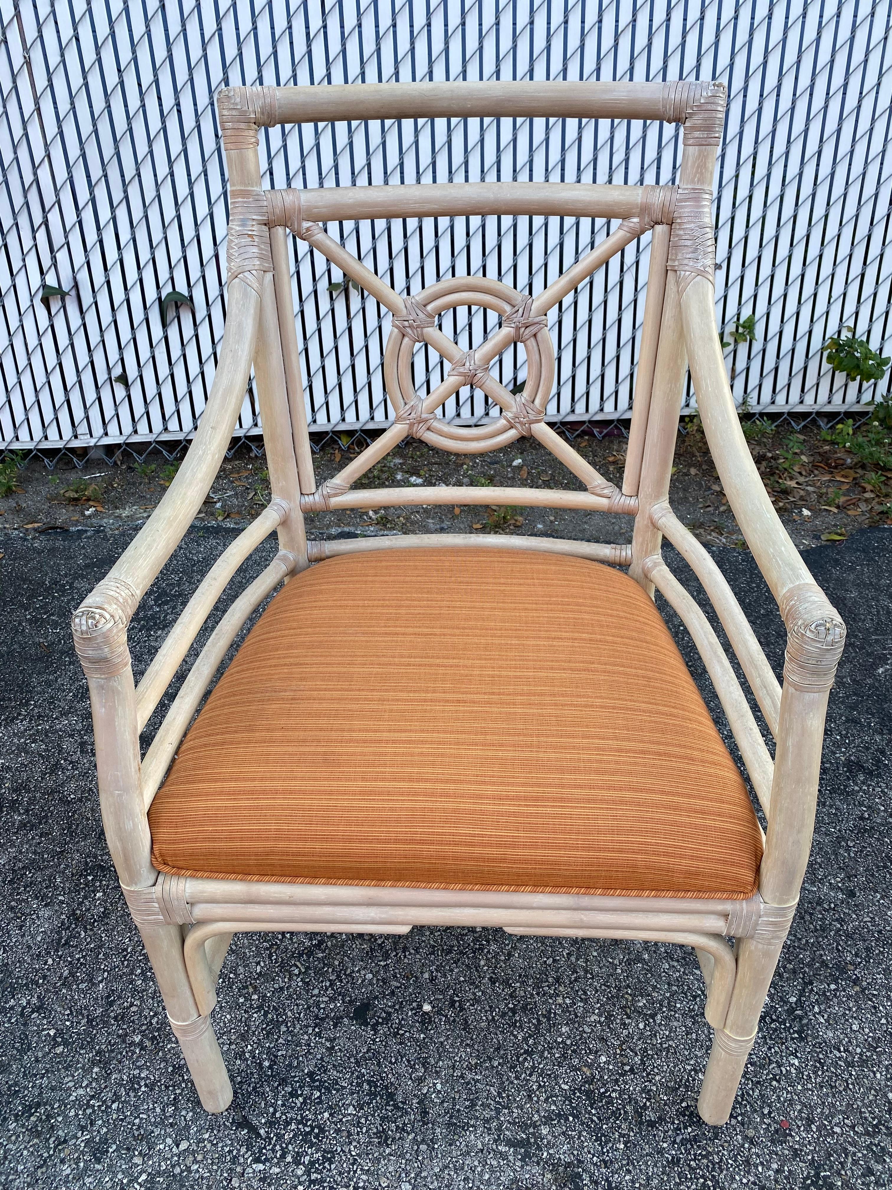 1970s, McGuire Target Style Rattan Dining Side Armchairs, Set of 4 For Sale 1