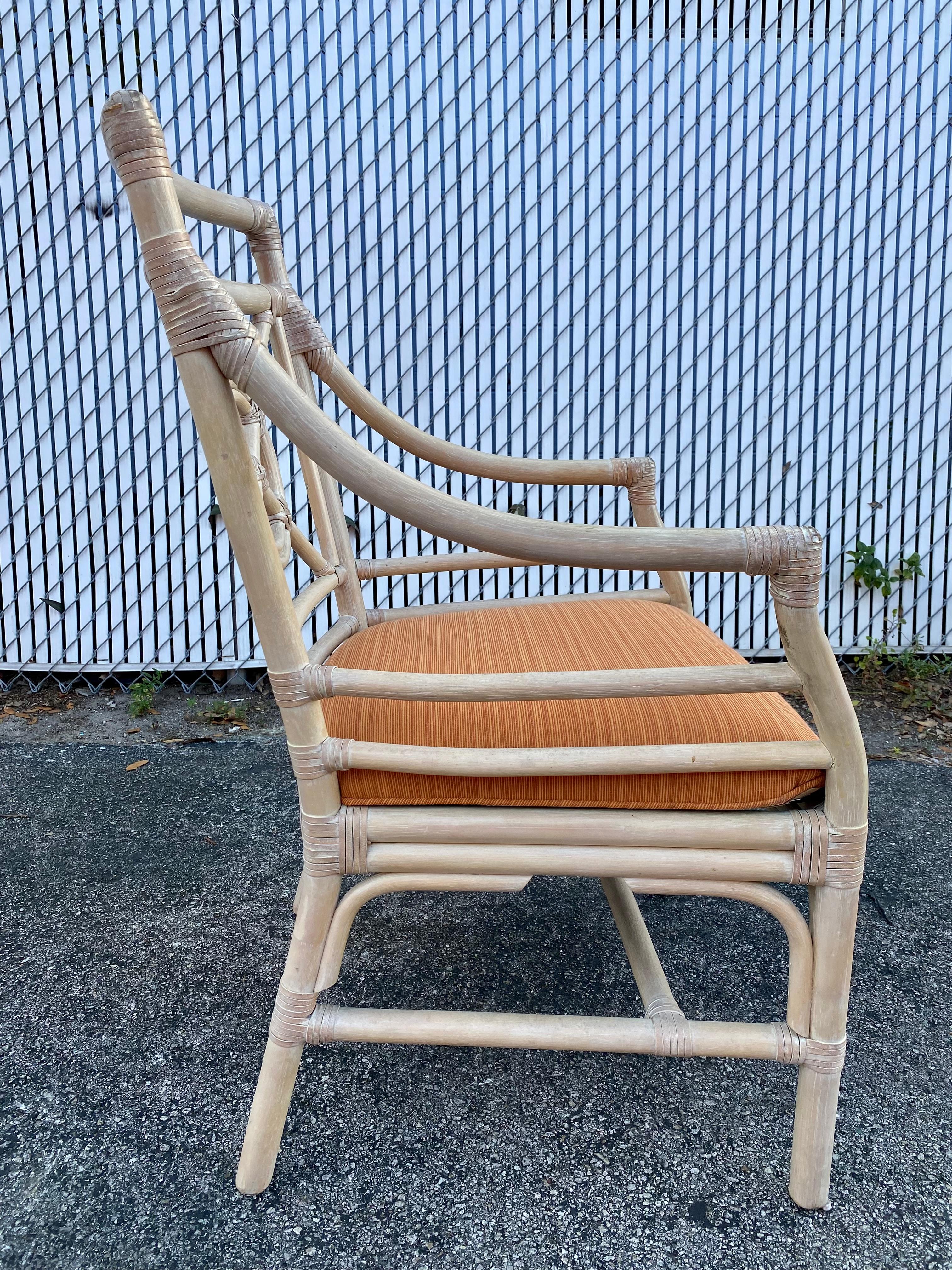 1970s, McGuire Target Style Rattan Dining Side Armchairs, Set of 4 For Sale 2