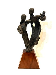 1970's MCM Brutalist Bronze Sculpture in Walnut Base