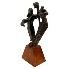 1970's MCM Brutalist Bronze Sculpture in Walnut Base