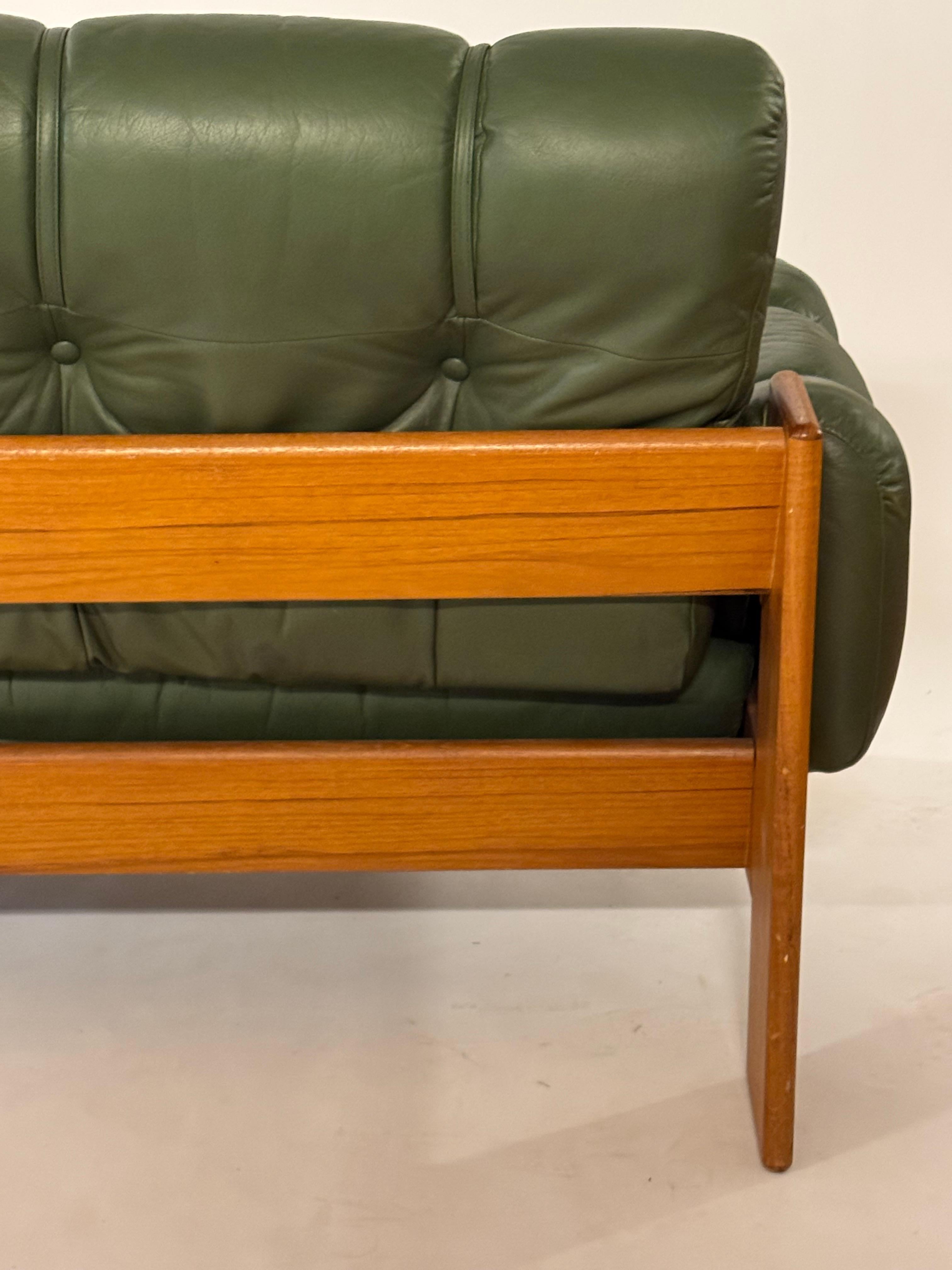 1970s MCM Green Tufted Leather 3 Seat Sofa by Kalustekiila Finland & Teak Frame 5
