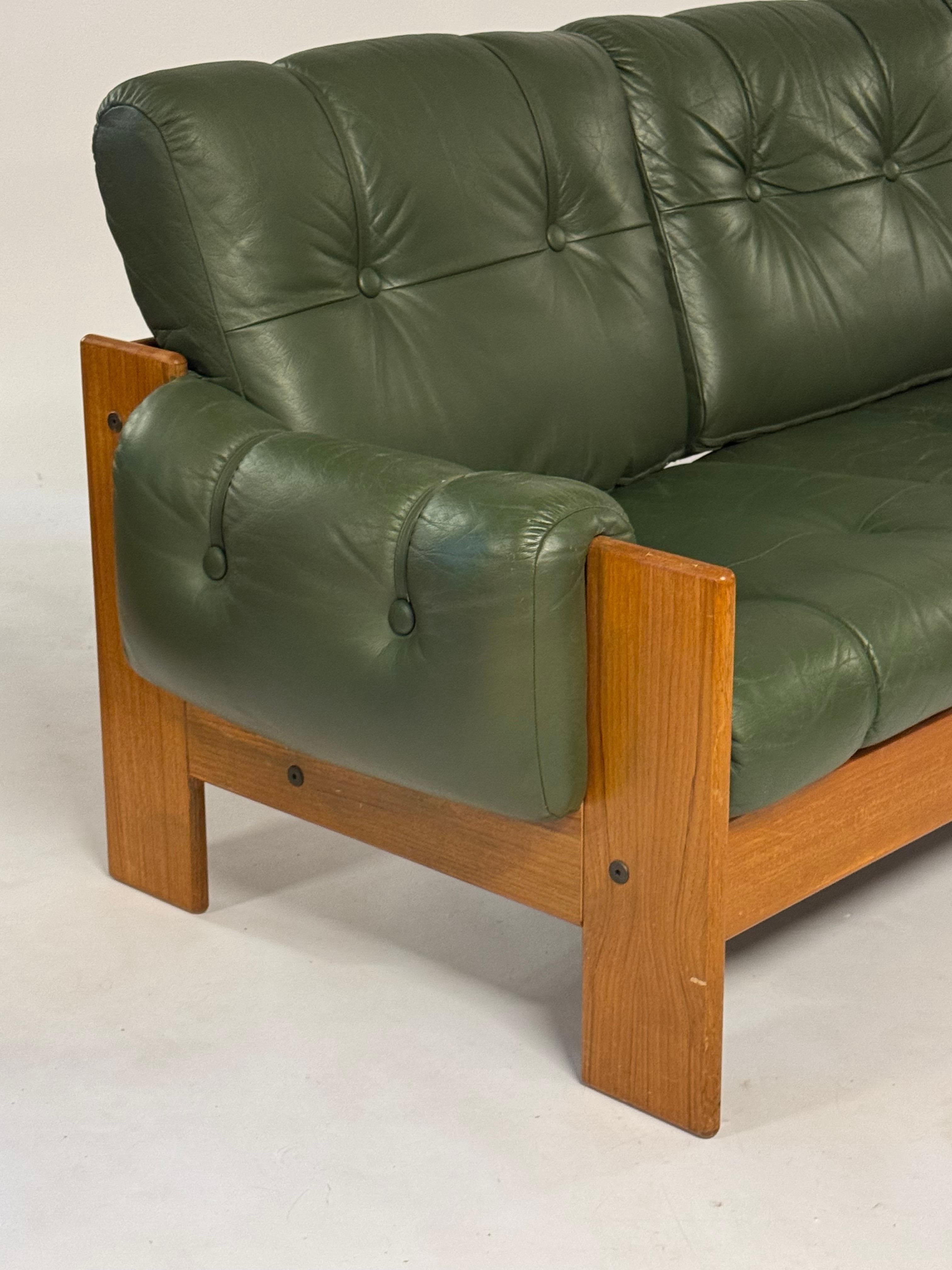 Late 20th Century 1970s MCM Green Tufted Leather 3 Seat Sofa by Kalustekiila Finland & Teak Frame