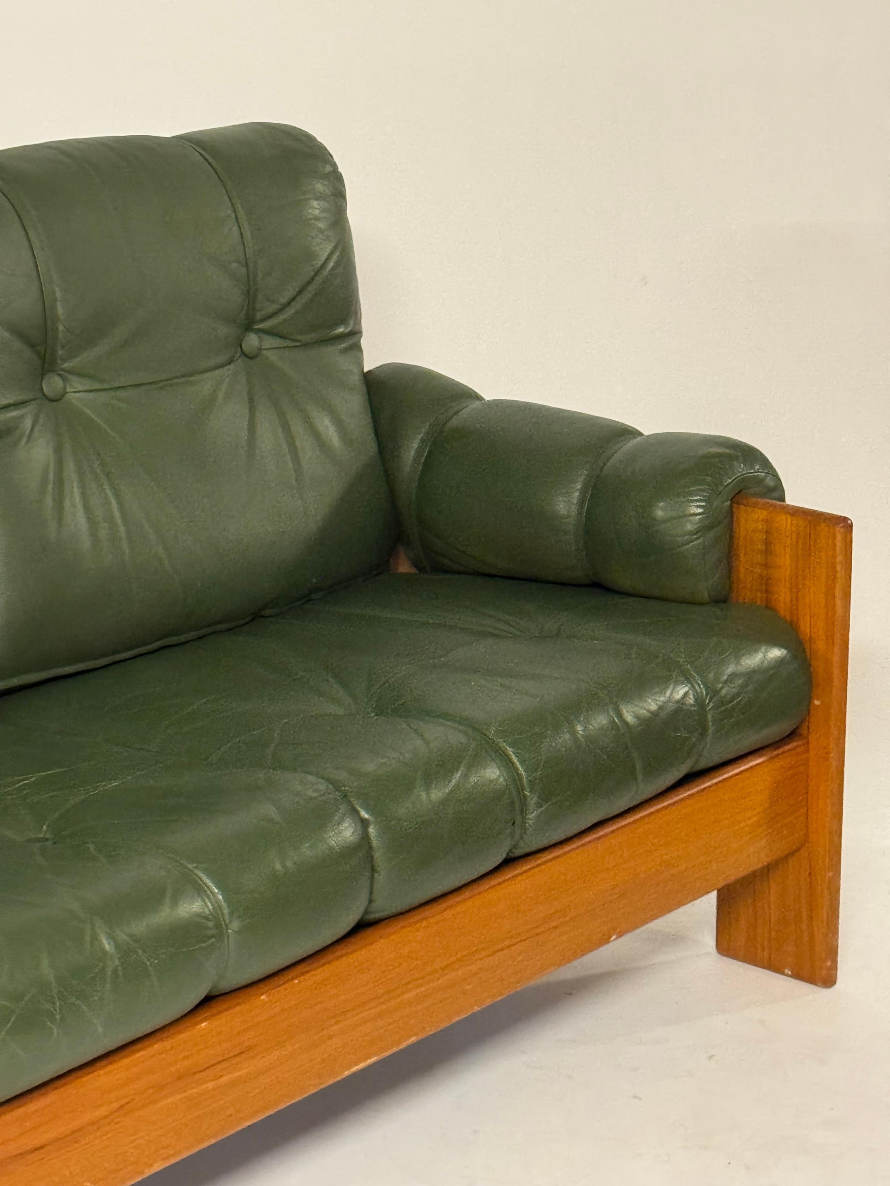 1970s MCM Green Tufted Leather 3 Seat Sofa by Kalustekiila Finland & Teak Frame 2