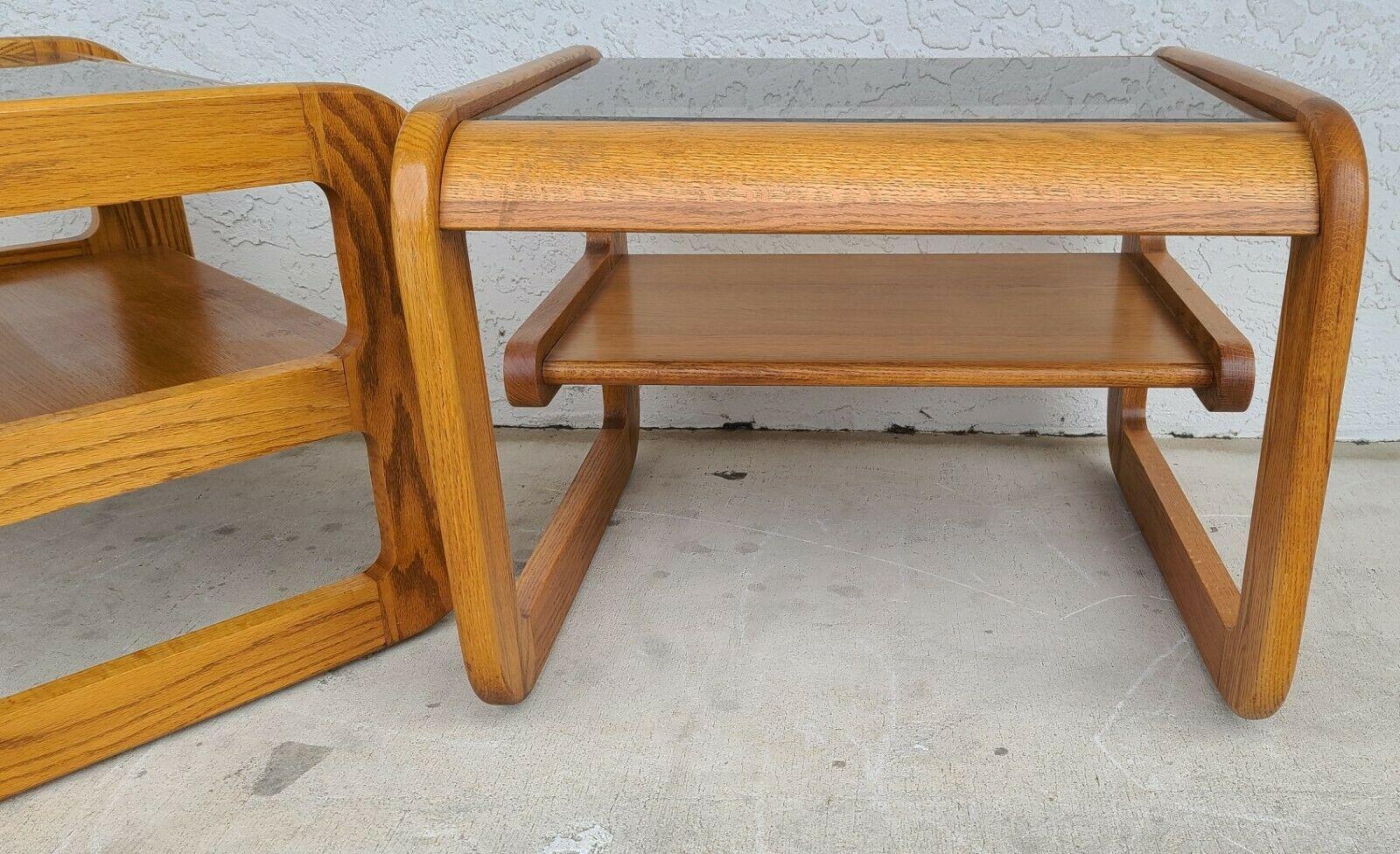 Mid-Century Modern 1970's Mcm Hodges Mersman Oak Smoked Glass End Tables, Set of 2 For Sale