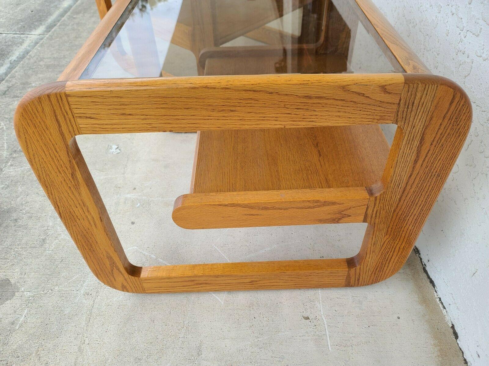 1970's Mcm Hodges Mersman Oak Smoked Glass End Tables, Set of 2 In Good Condition For Sale In Lake Worth, FL