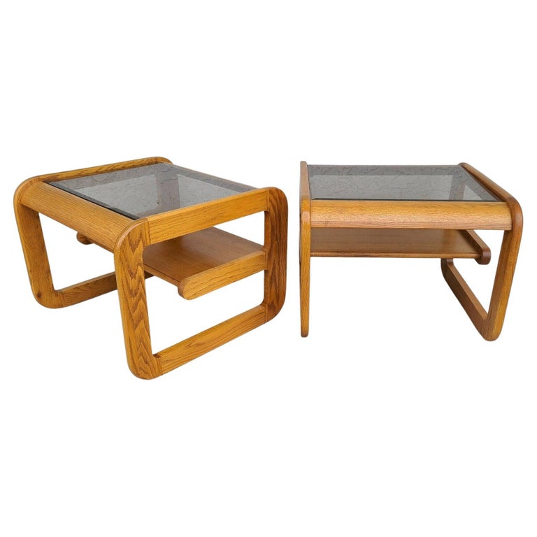 1970's Mcm Hodges Mersman Oak Smoked Glass End Tables, Set of 2 For ...