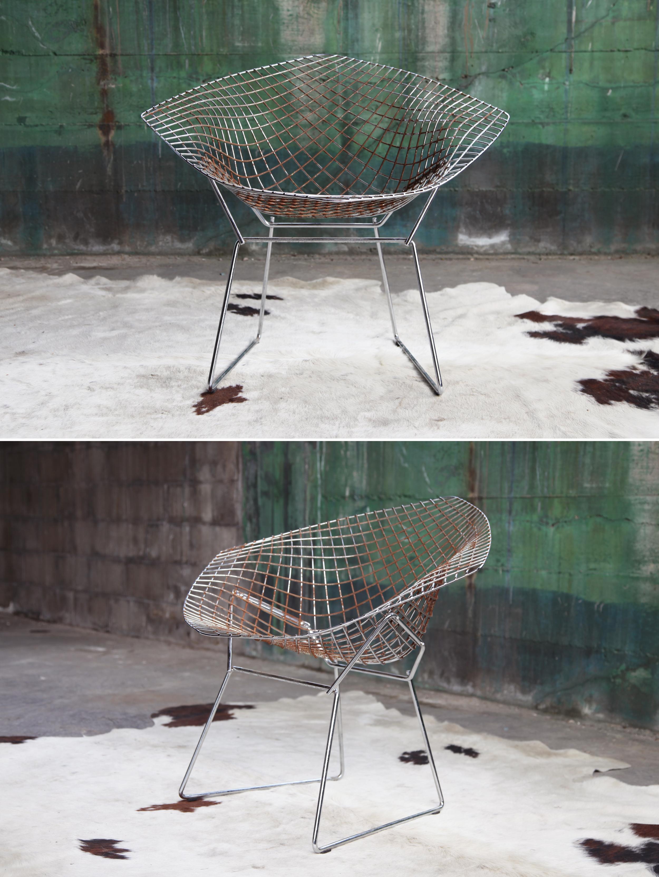 1970s MCM Knoll Poppy Orange Wool & Chrome Bertoia Diamond Armchair For Sale 2