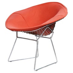 1970s MCM Knoll Poppy Orange Wool & Chrome Bertoia Diamond Armchair