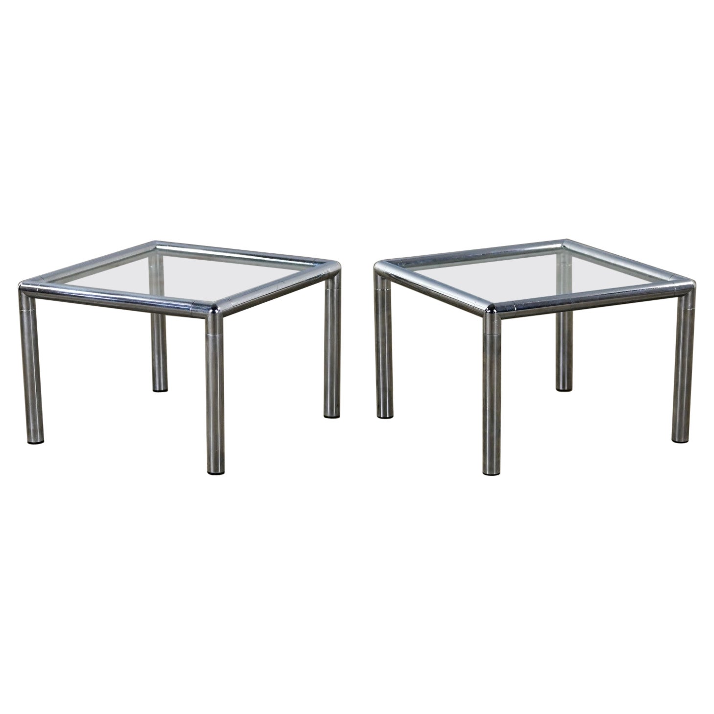1970's MCM Lane Side or End Tables Square Chrome Frames & Glass Tops a Pair