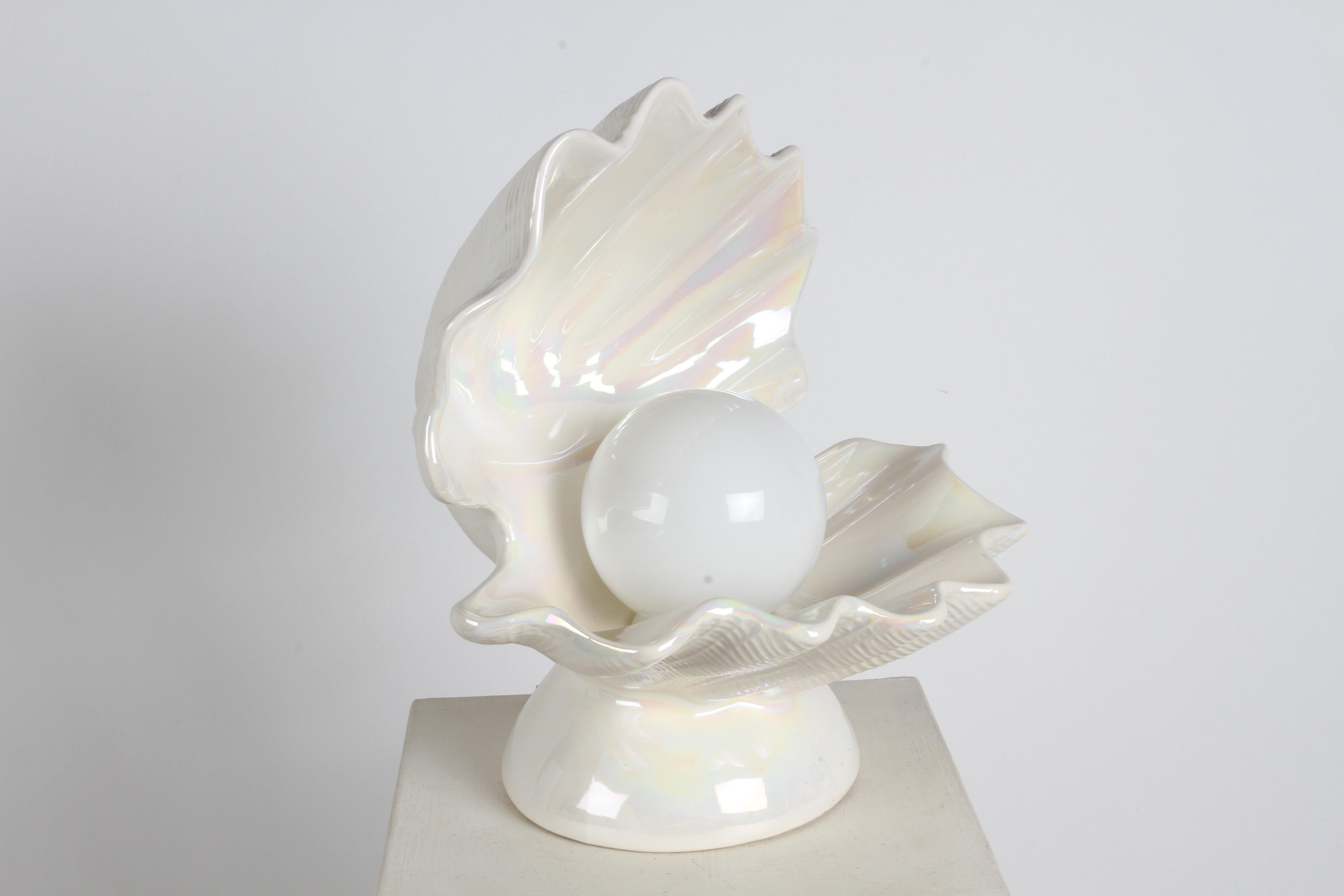Hollywood Regency 1970s MCM Large White Pearlescent Ceramic Oyster Form Lamp with Globe as Pearl  For Sale