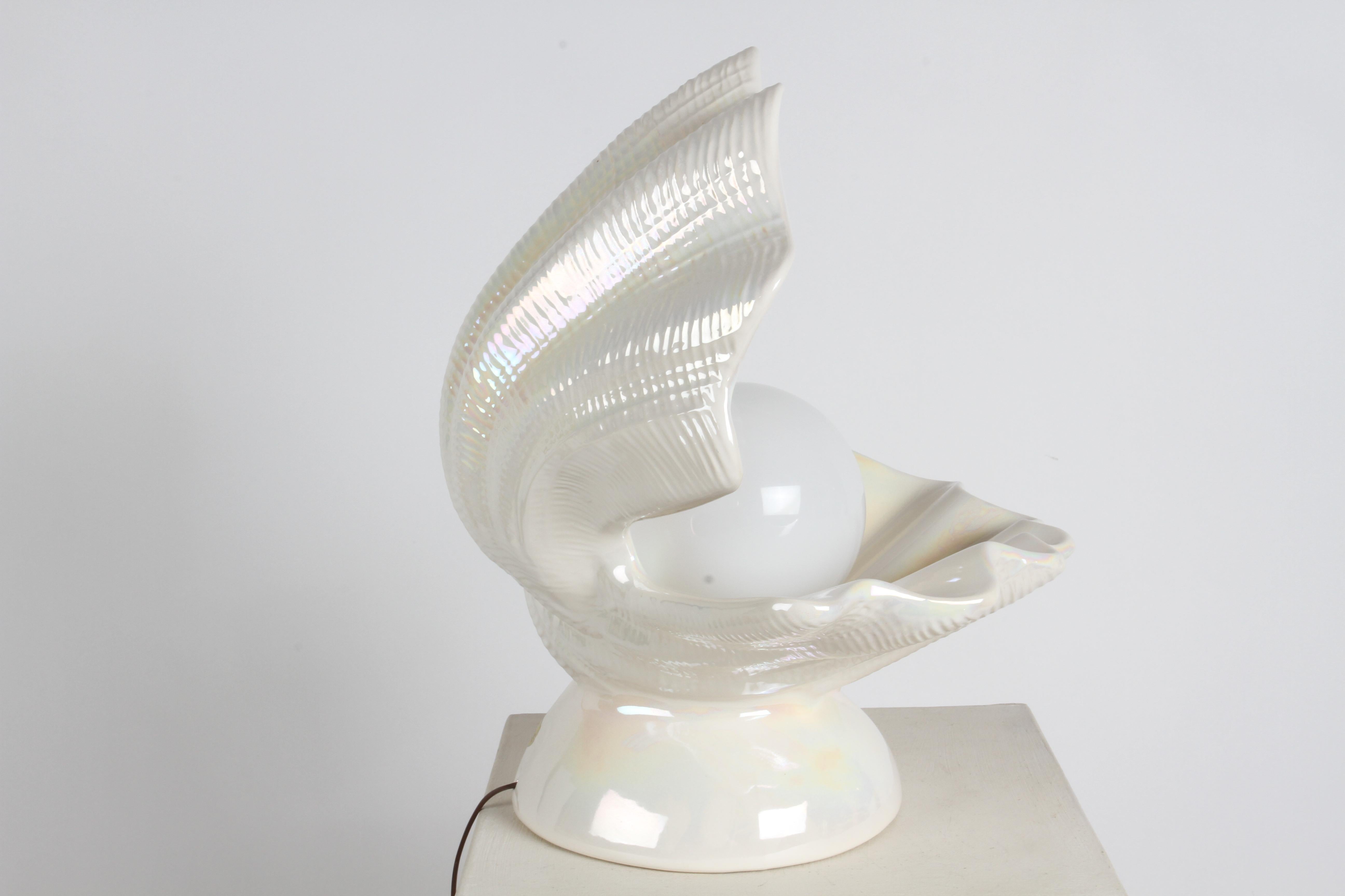 Unknown 1970s MCM Large White Pearlescent Ceramic Oyster Form Lamp with Globe as Pearl  For Sale