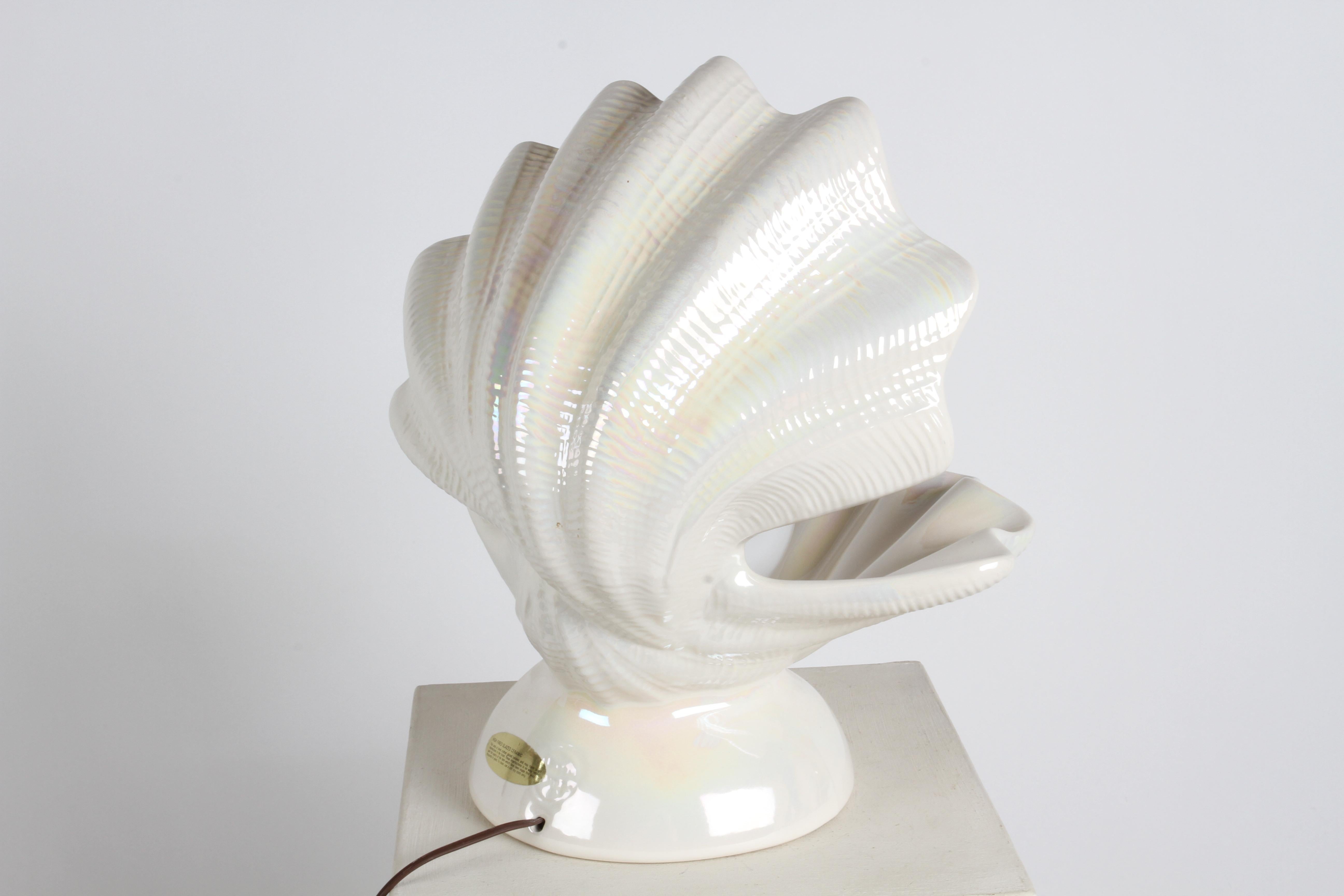 Late 20th Century 1970s MCM Large White Pearlescent Ceramic Oyster Form Lamp with Globe as Pearl  For Sale
