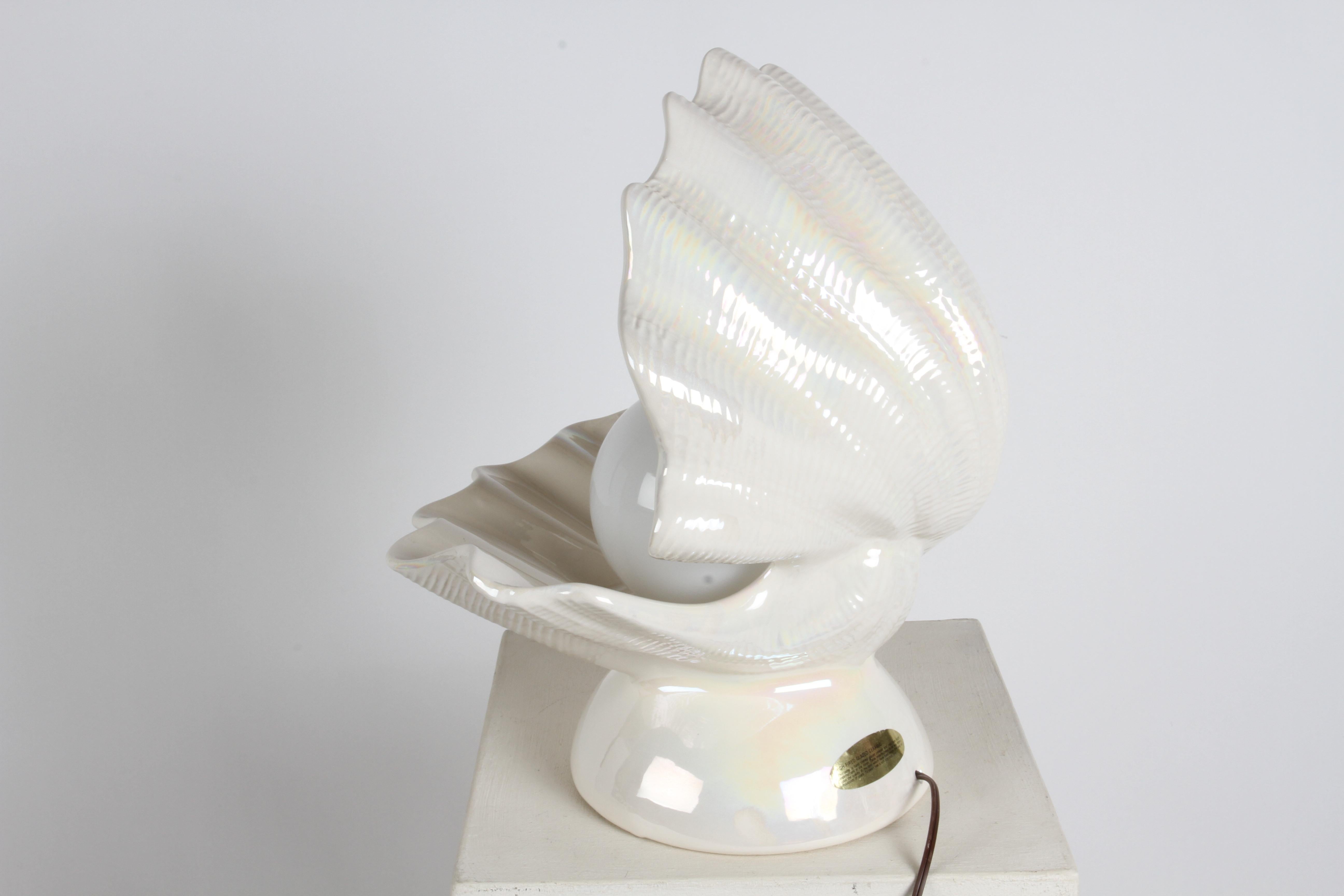 1970s MCM Large White Pearlescent Ceramic Oyster Form Lamp with Globe as Pearl  For Sale 2