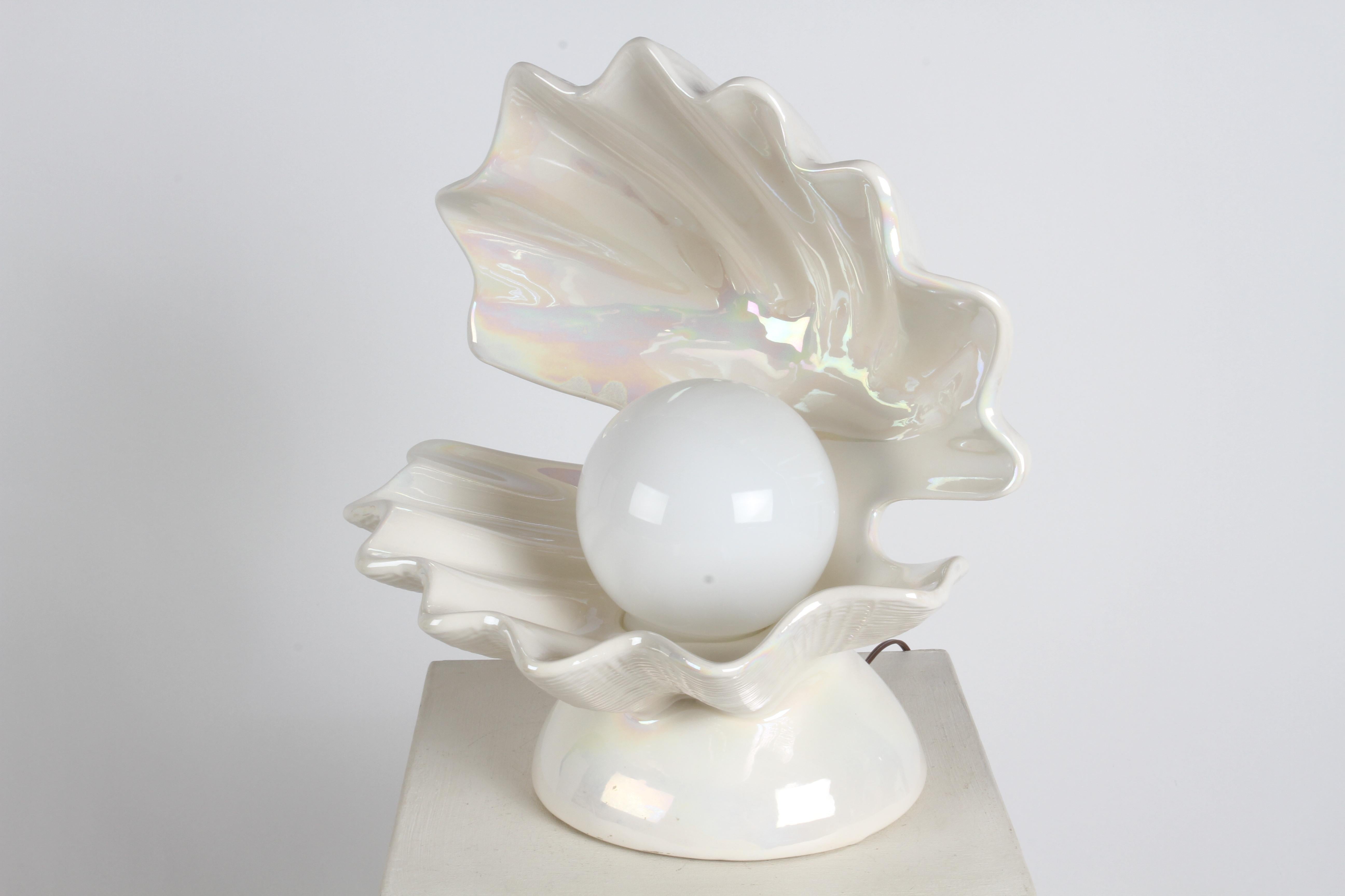 1970s MCM Large White Pearlescent Ceramic Oyster Form Lamp with Globe as Pearl  For Sale 3