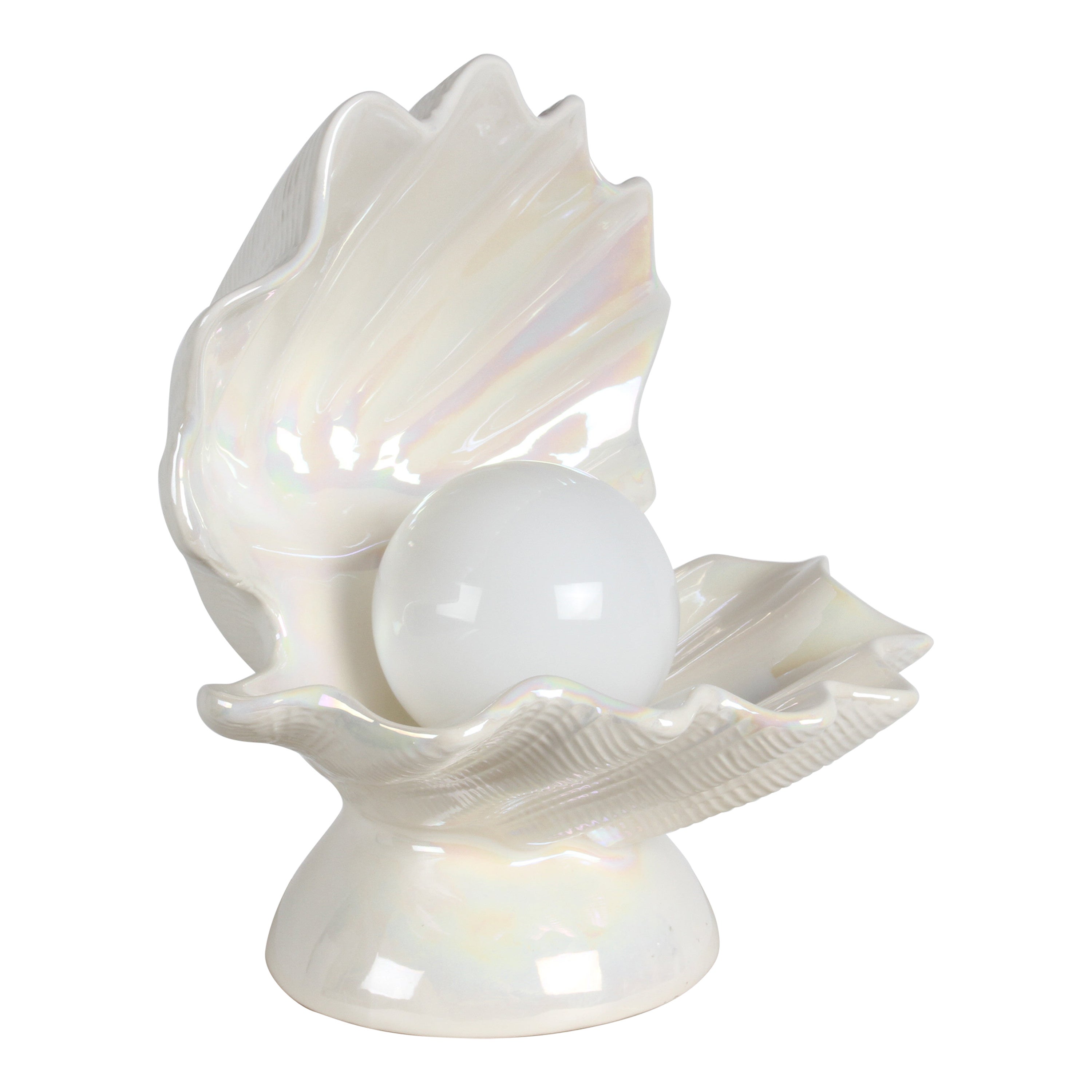 Große weiße, perlenbesetzte Keramik-Lampe in Austernform mit Kugel als Perle, MCM, 1970er Jahre im Angebot