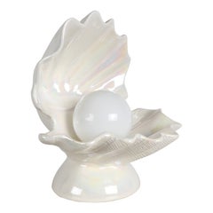 1970s MCM Large White Pearlescent Ceramic Oyster Form Lamp with Globe as Pearl