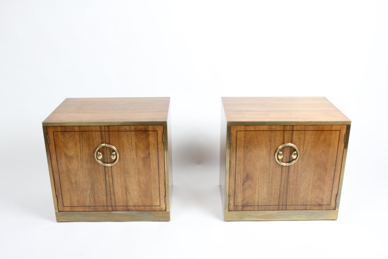 Mid-Century Modern 1970s MCM Mastercraft Bleached Rosewood & Brass Nightstands or End Tables  For Sale