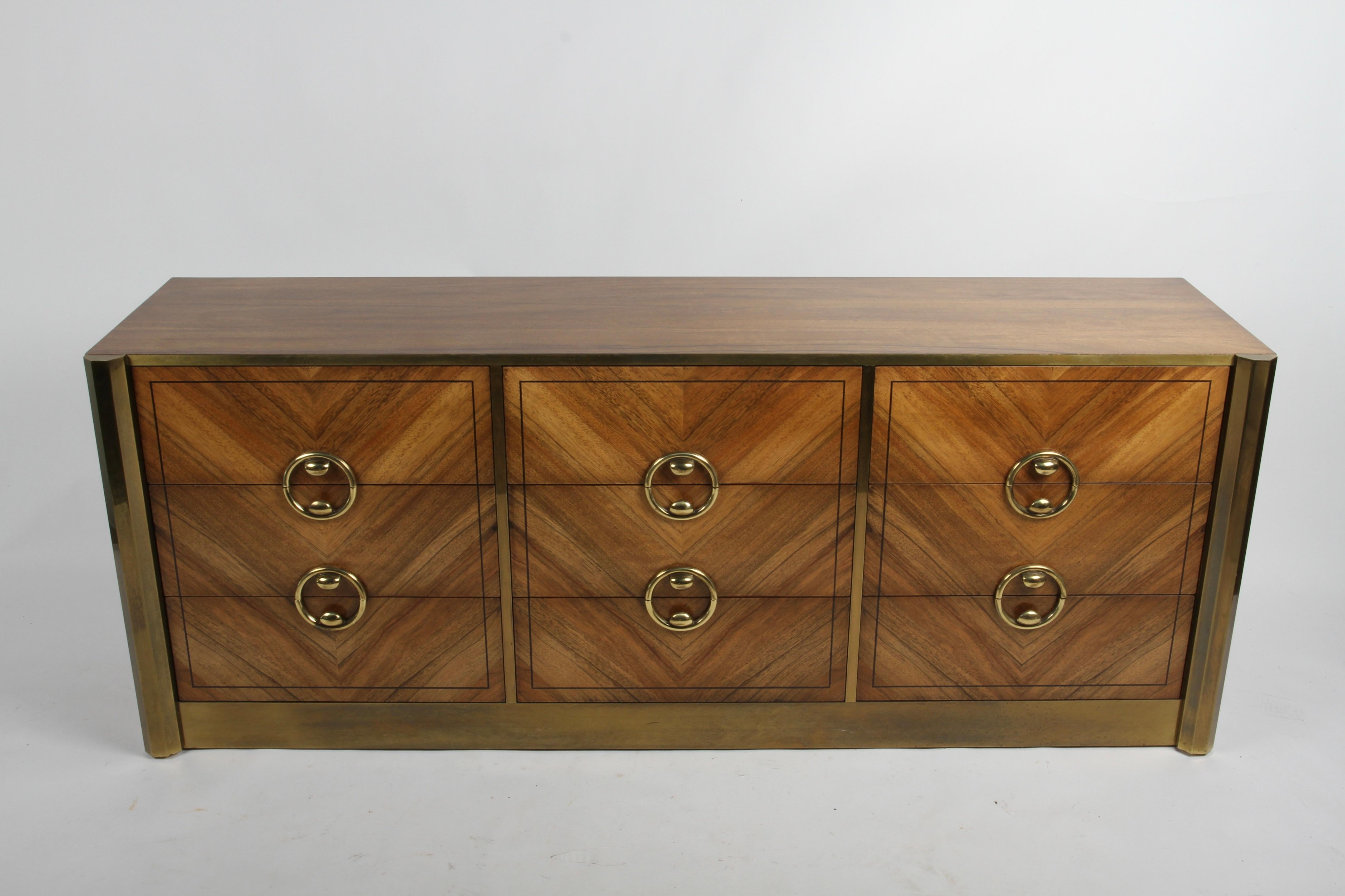 Mid-Century Modern 1970s MCM Mastercraft Bleached Rosewood & Brass Six Drawer Dresser, Refinished For Sale