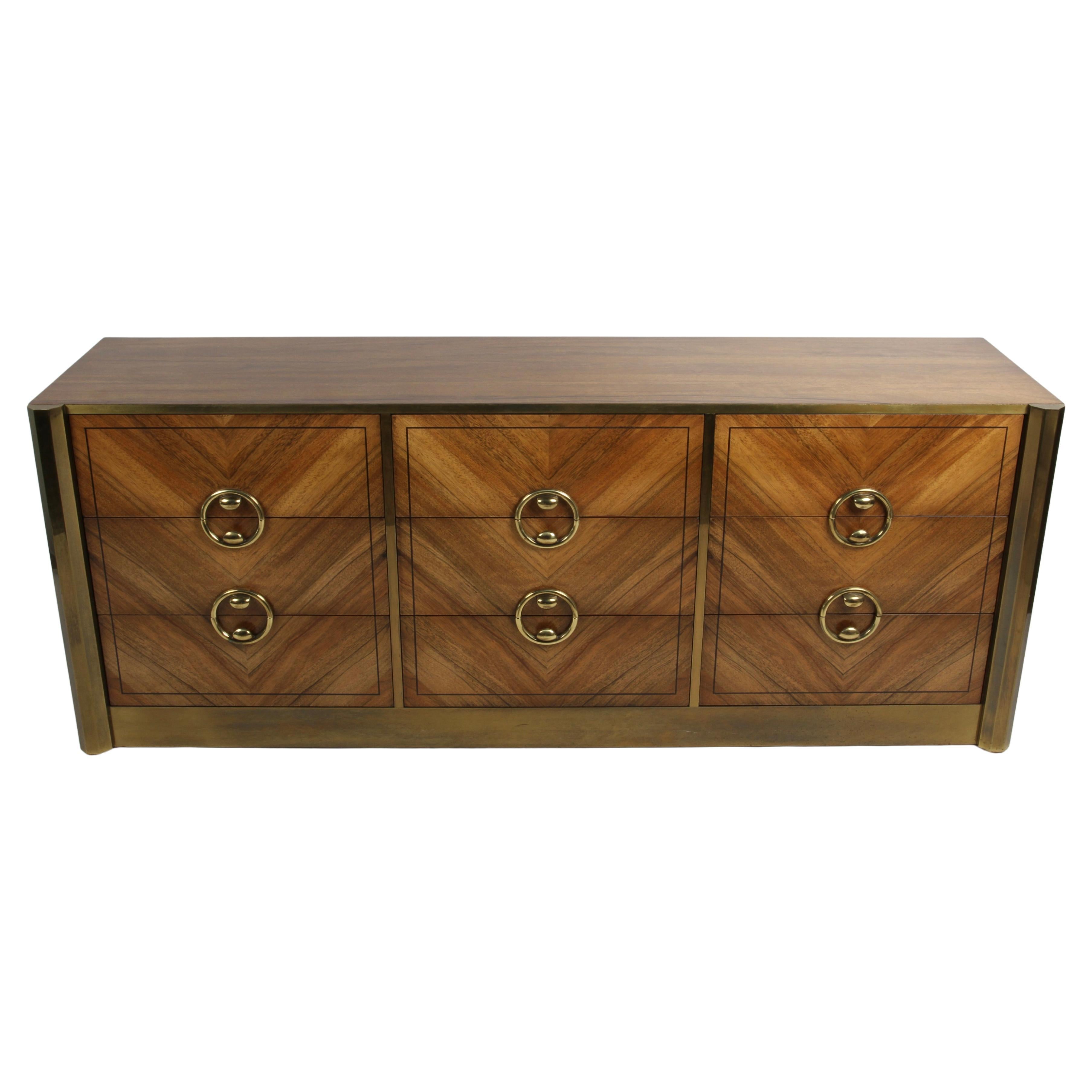 1970s MCM Mastercraft Bleached Rosewood & Brass Six Drawer Dresser, Refinished